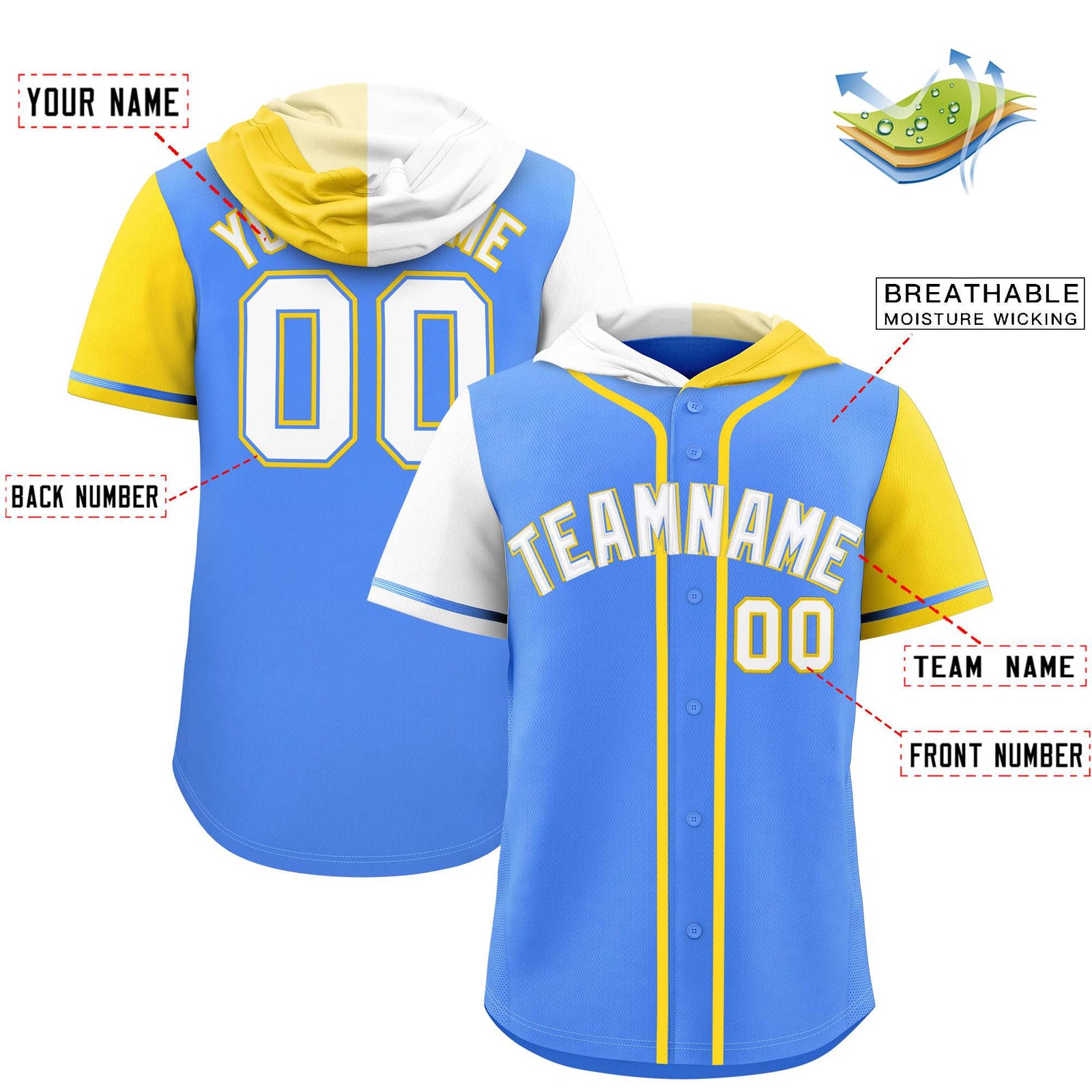 Custom Powder Blue White and Gold Split Fashion Raglan Sleeves Authentic Baseball Hoodie Jersey