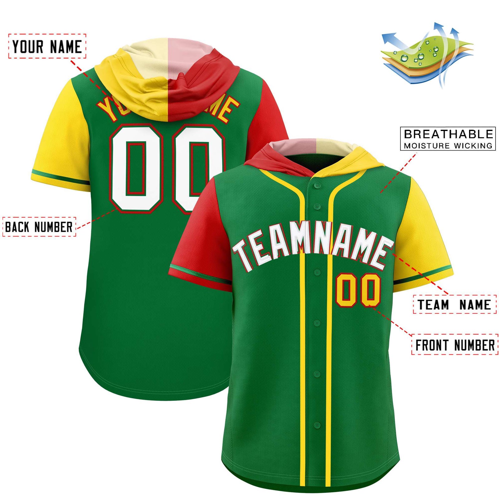 Custom Kelly Green Red and Gold Split Fashion Raglan Sleeves Authentic Baseball Hoodie Jersey