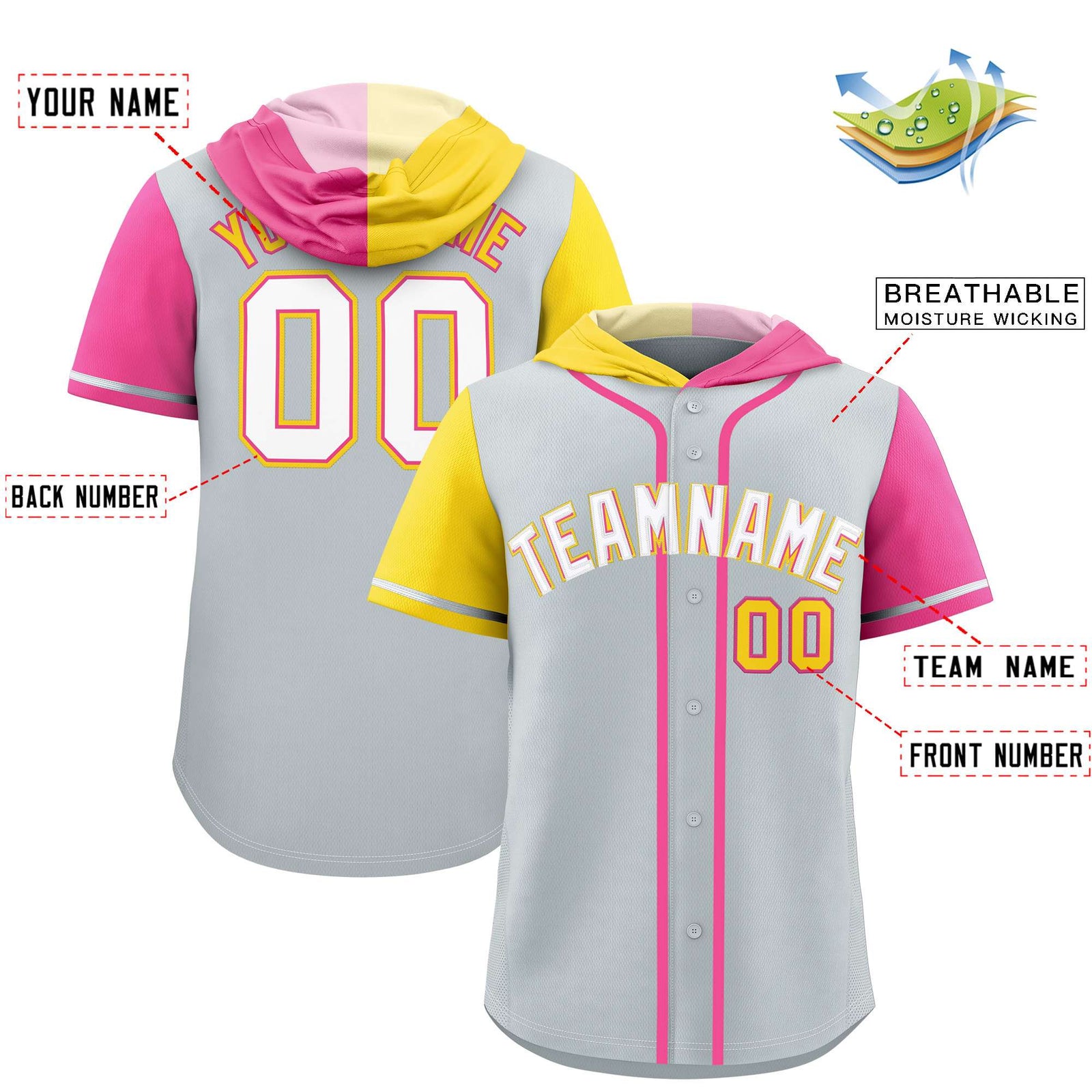Custom Silver Gold and Pink Split Fashion Raglan Sleeves Authentic Baseball Hoodie Jersey
