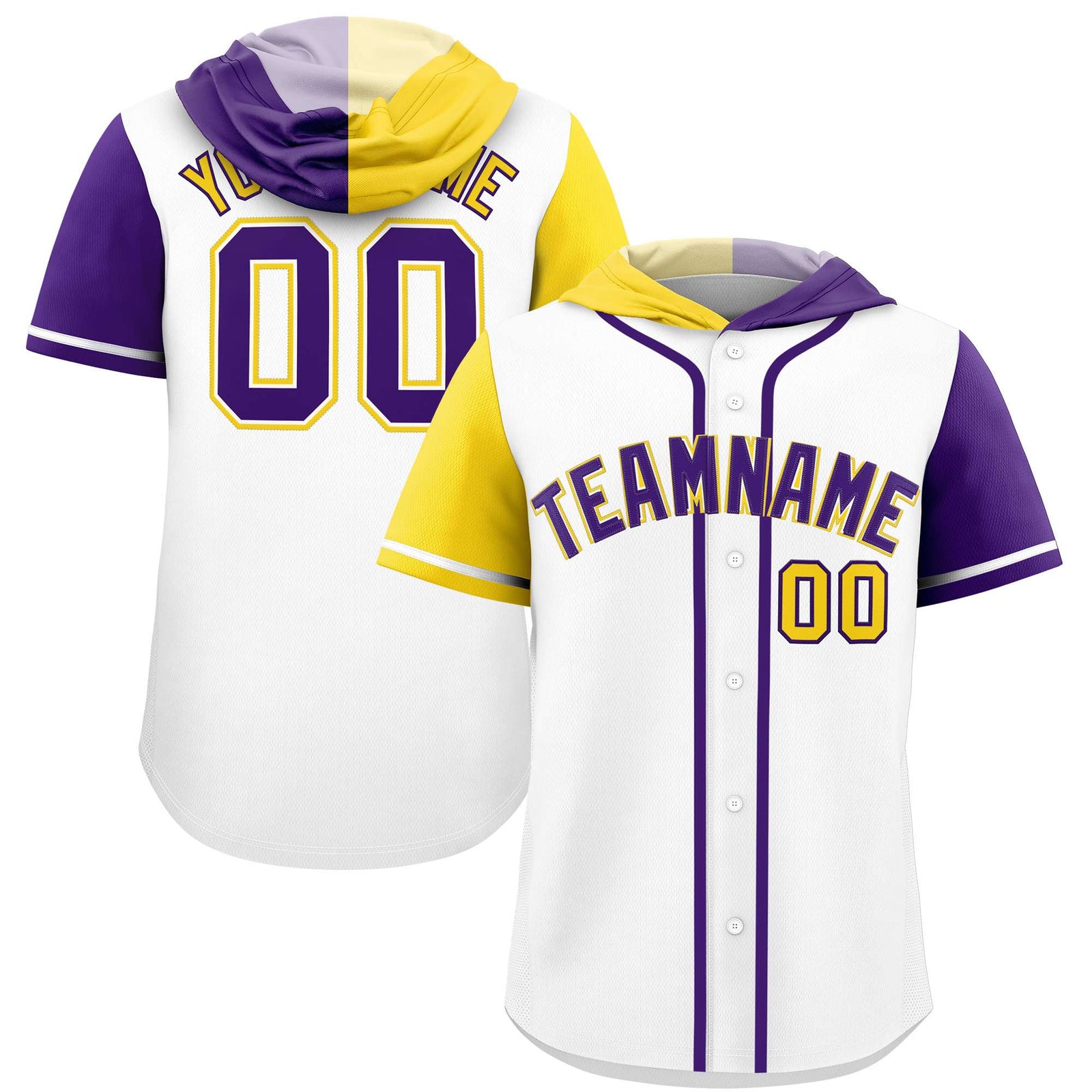 Custom White Gold and Purple Split Fashion Raglan Sleeves Authentic Baseball Hoodie Jersey