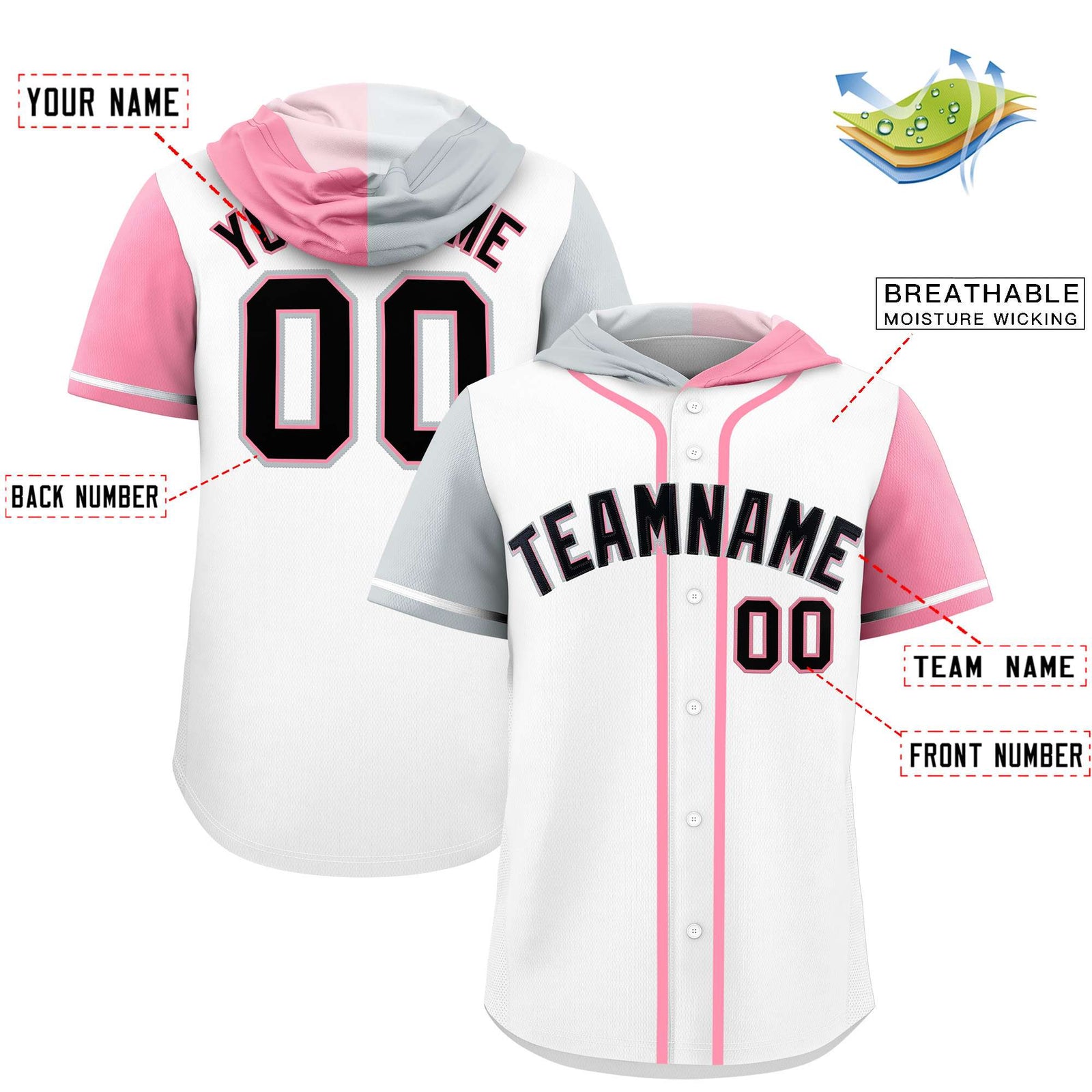 Custom White Silver and Light Pink Split Fashion Raglan Sleeves Authentic Baseball Hoodie Jersey
