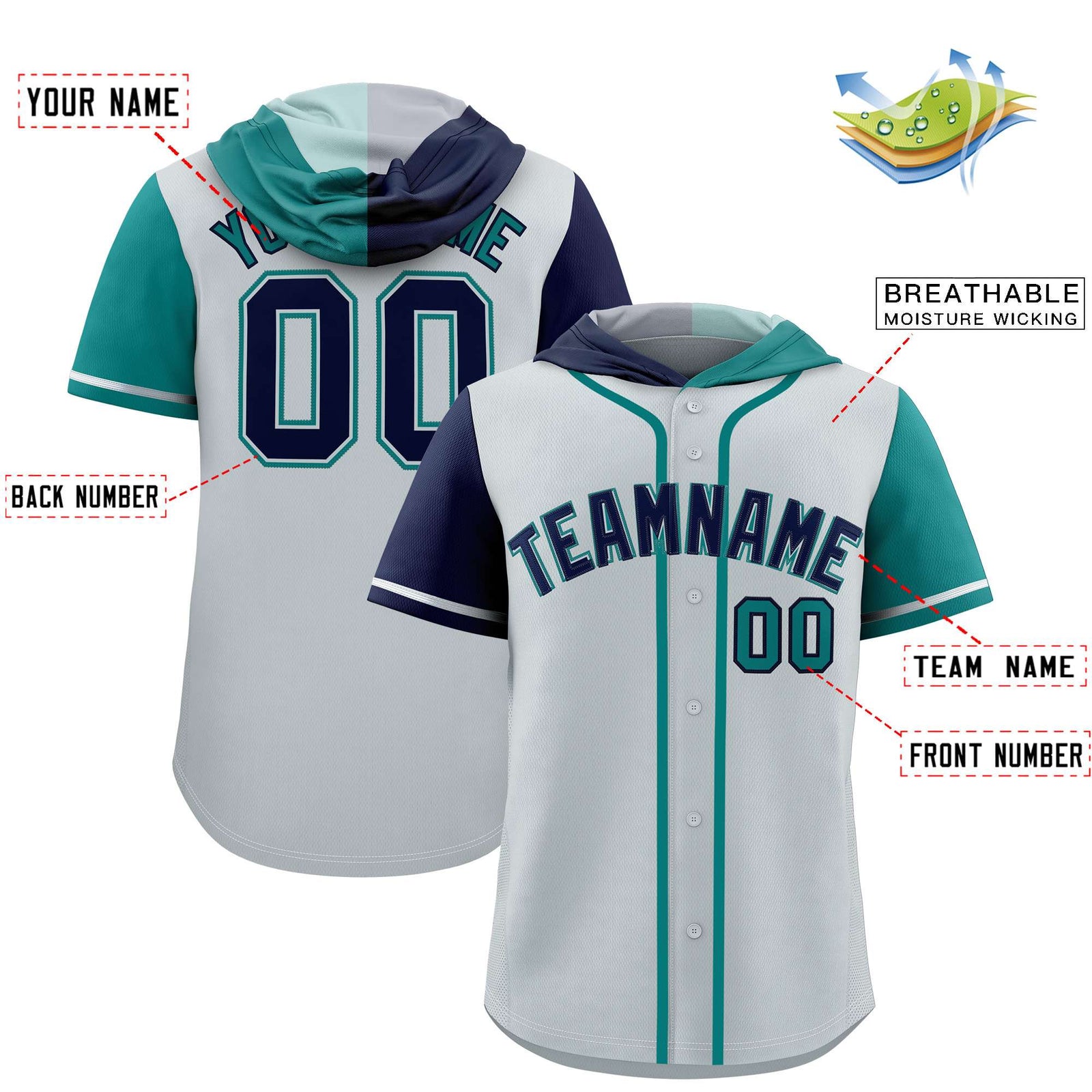 Custom Silver Navy and Aqua Split Fashion Raglan Sleeves Authentic Baseball Hoodie Jersey