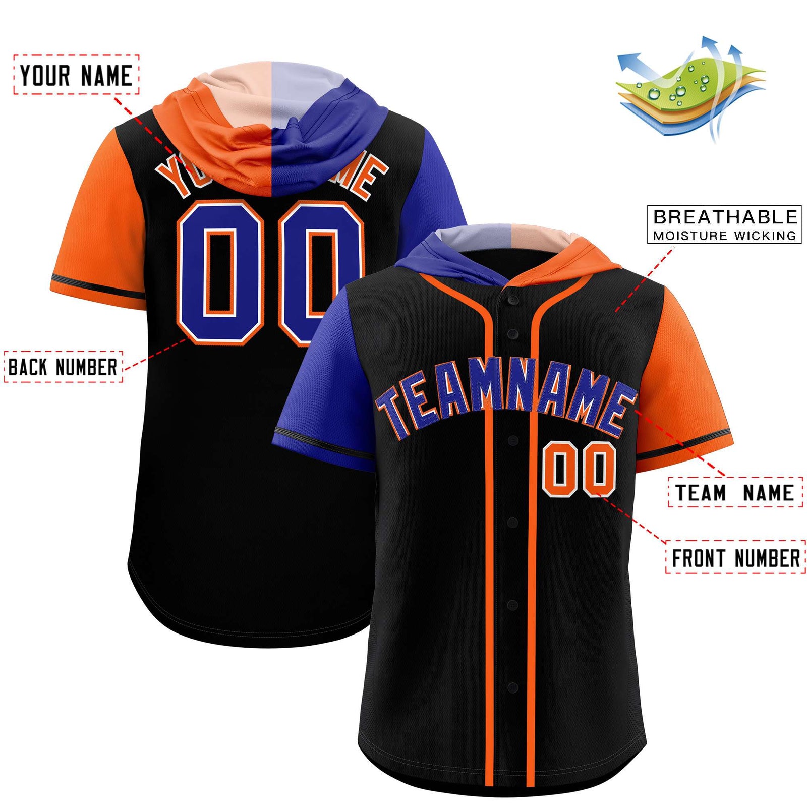 Custom Black Royal and Orange Split Fashion Raglan Sleeves Authentic Baseball Hoodie Jersey