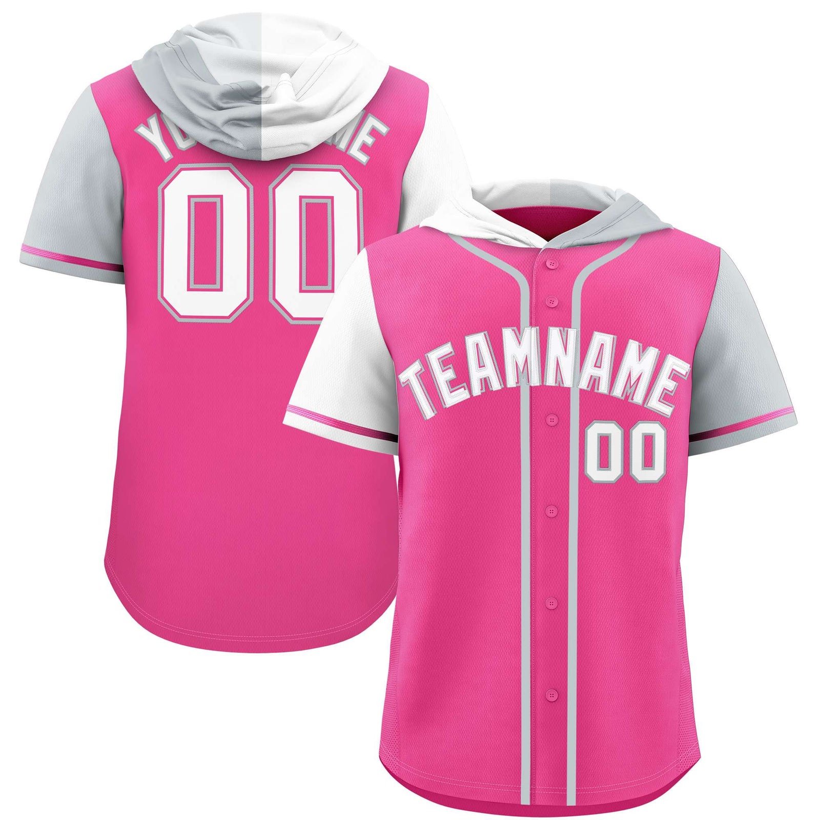 Custom Pink White and Silver Split Fashion Raglan Sleeves Authentic Baseball Hoodie Jersey