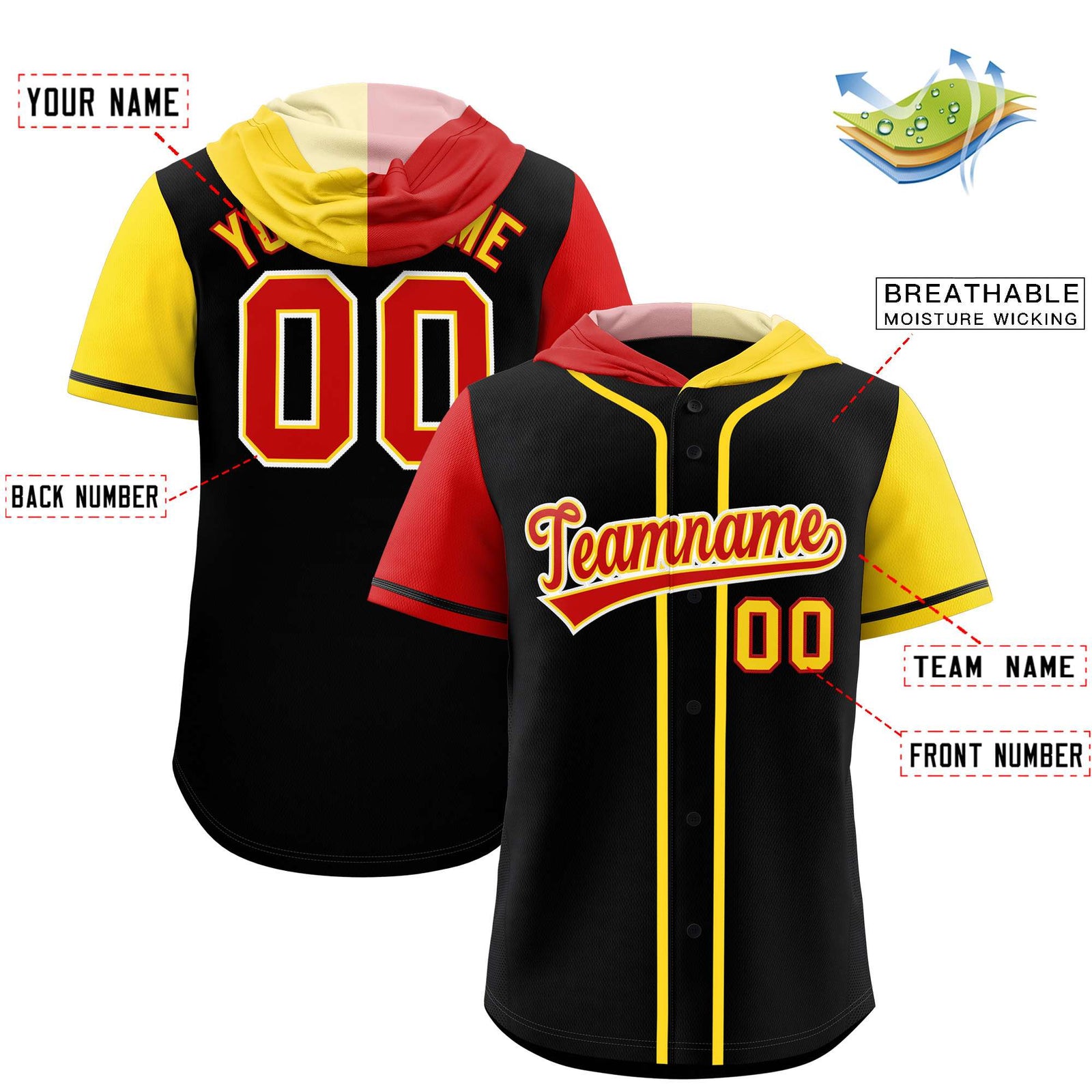 Custom Black Red and Gold Split Fashion Raglan Sleeves Authentic Baseball Hoodie Jersey