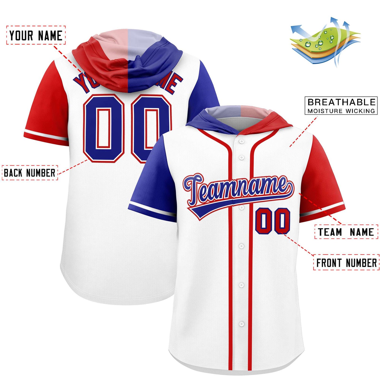 Custom White Royal and Red Split Fashion Raglan Sleeves Authentic Baseball Hoodie Jersey