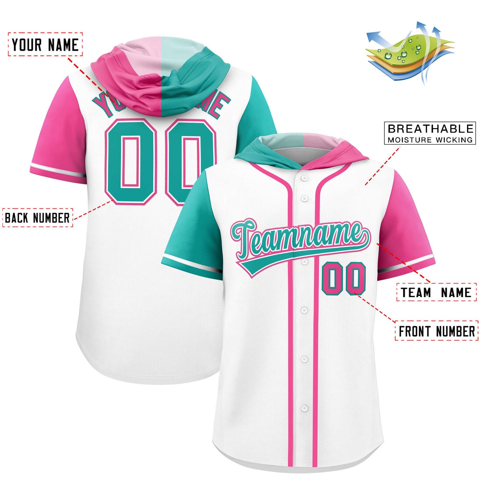 Custom White Aqua and Pink Split Fashion Raglan Sleeves Authentic Baseball Hoodie Jersey
