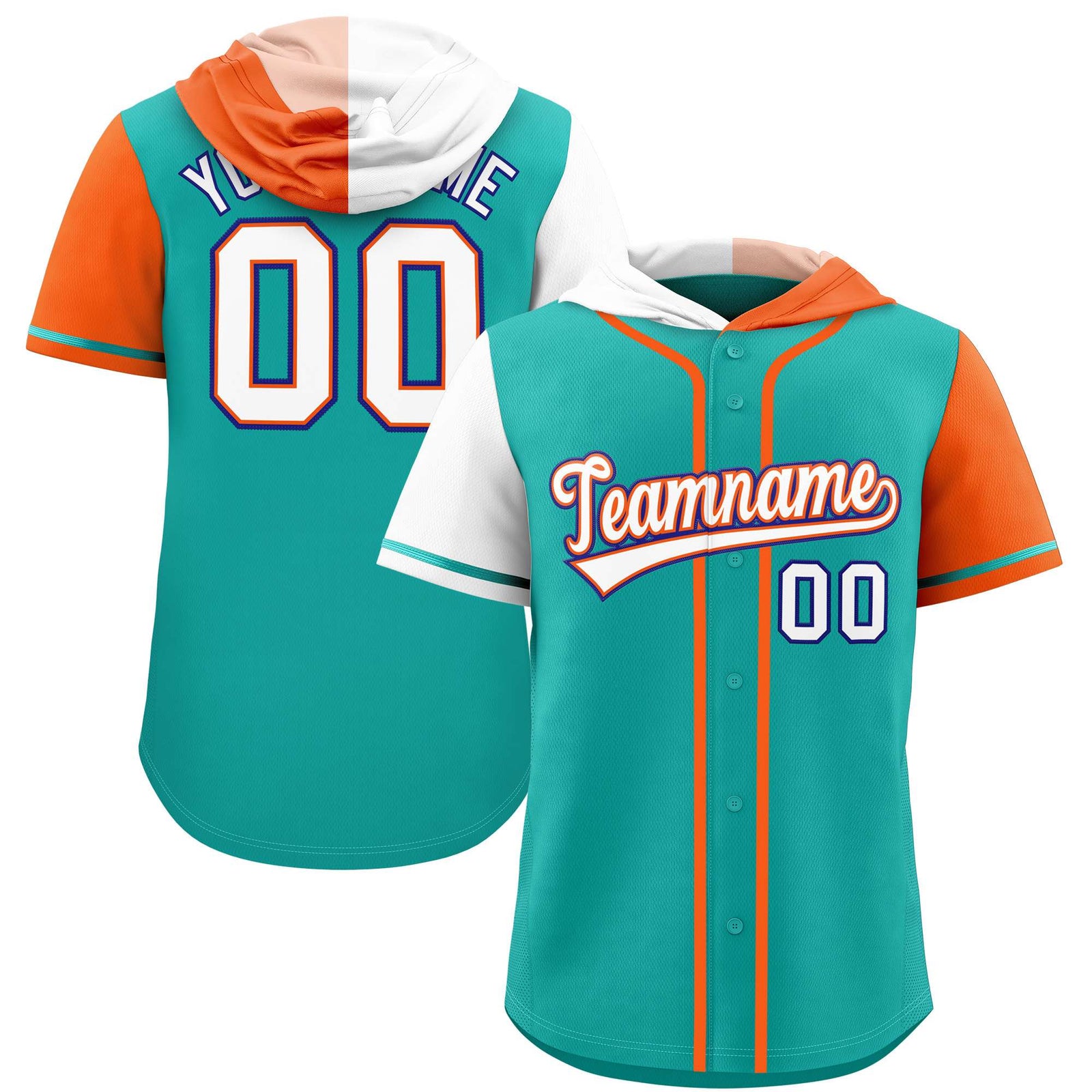 Custom Aqua White and Orange Split Fashion Raglan Sleeves Authentic Baseball Hoodie Jersey