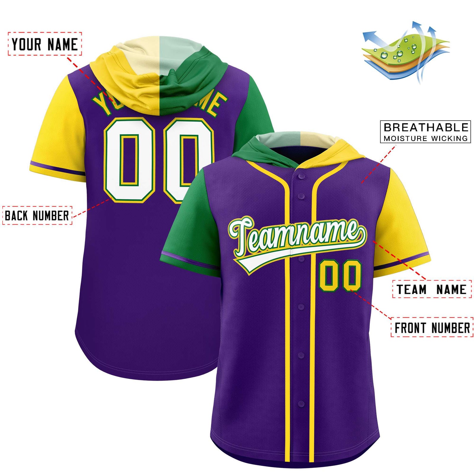 Custom Purple Kelly Green and Gold Split Fashion Raglan Sleeves Authentic Baseball Hoodie Jersey