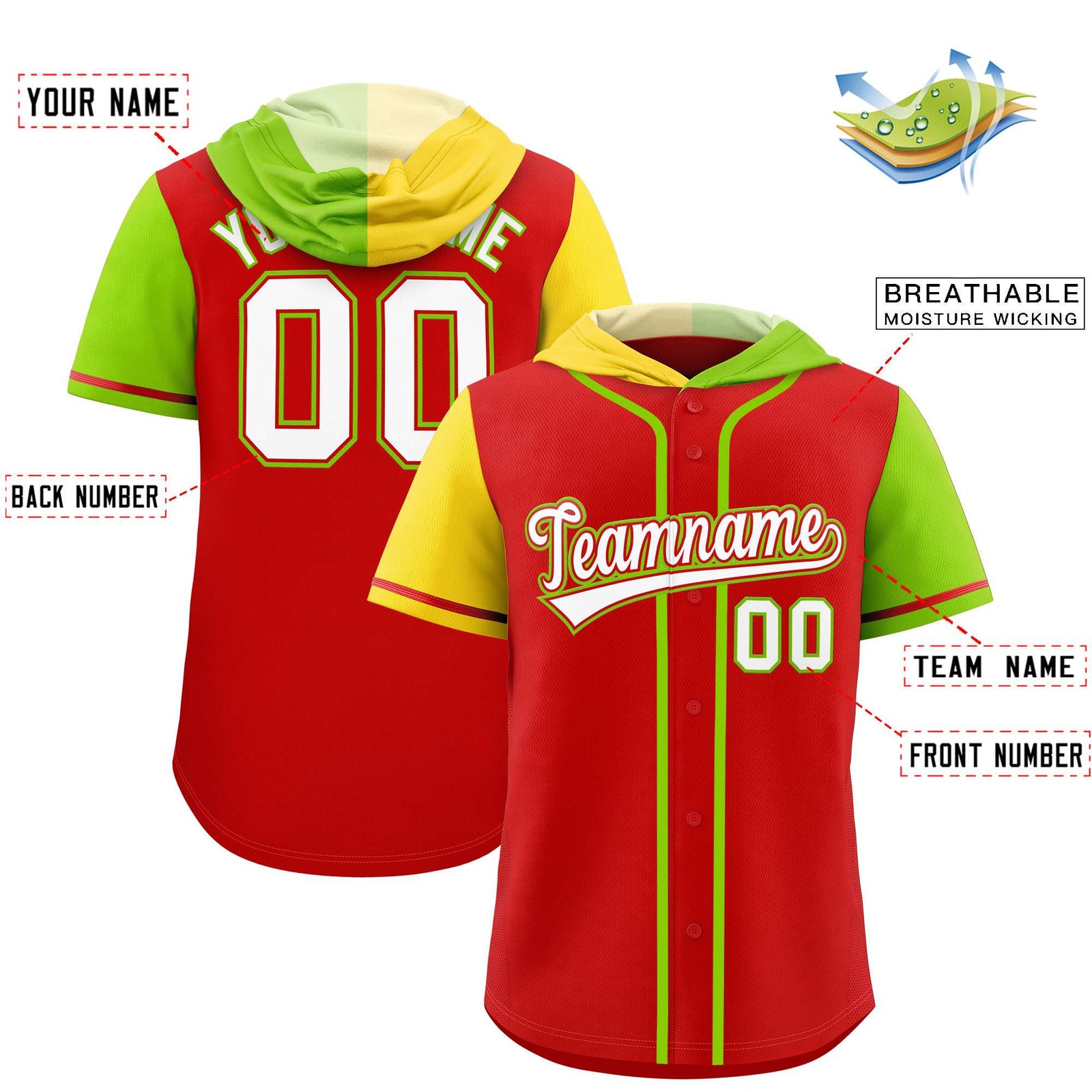 Custom Red Gold and Neon Green Split Fashion Raglan Sleeves Authentic Baseball Hoodie Jersey
