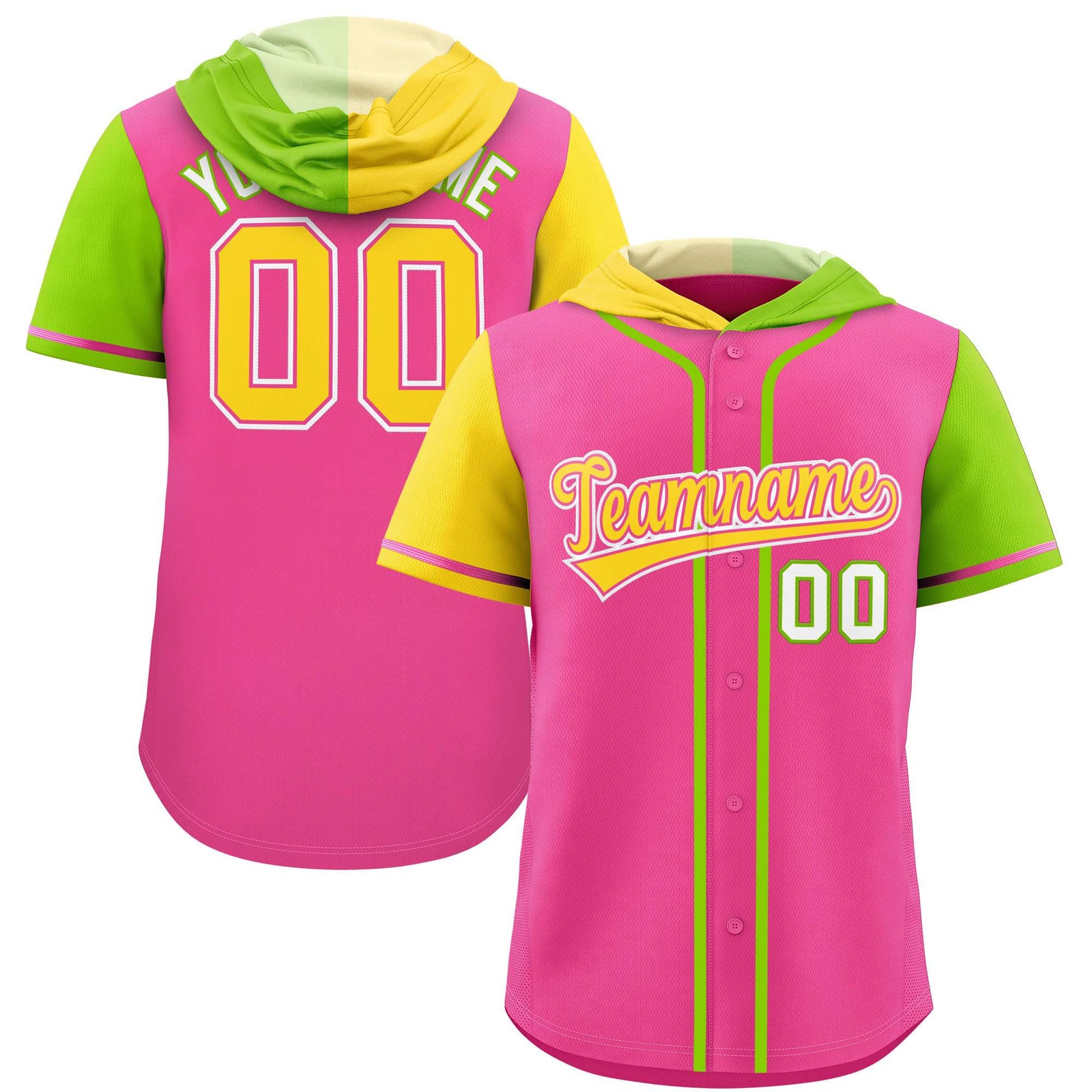 Custom Pink Gold and Neon Green Split Fashion Raglan Sleeves Authentic Baseball Hoodie Jersey
