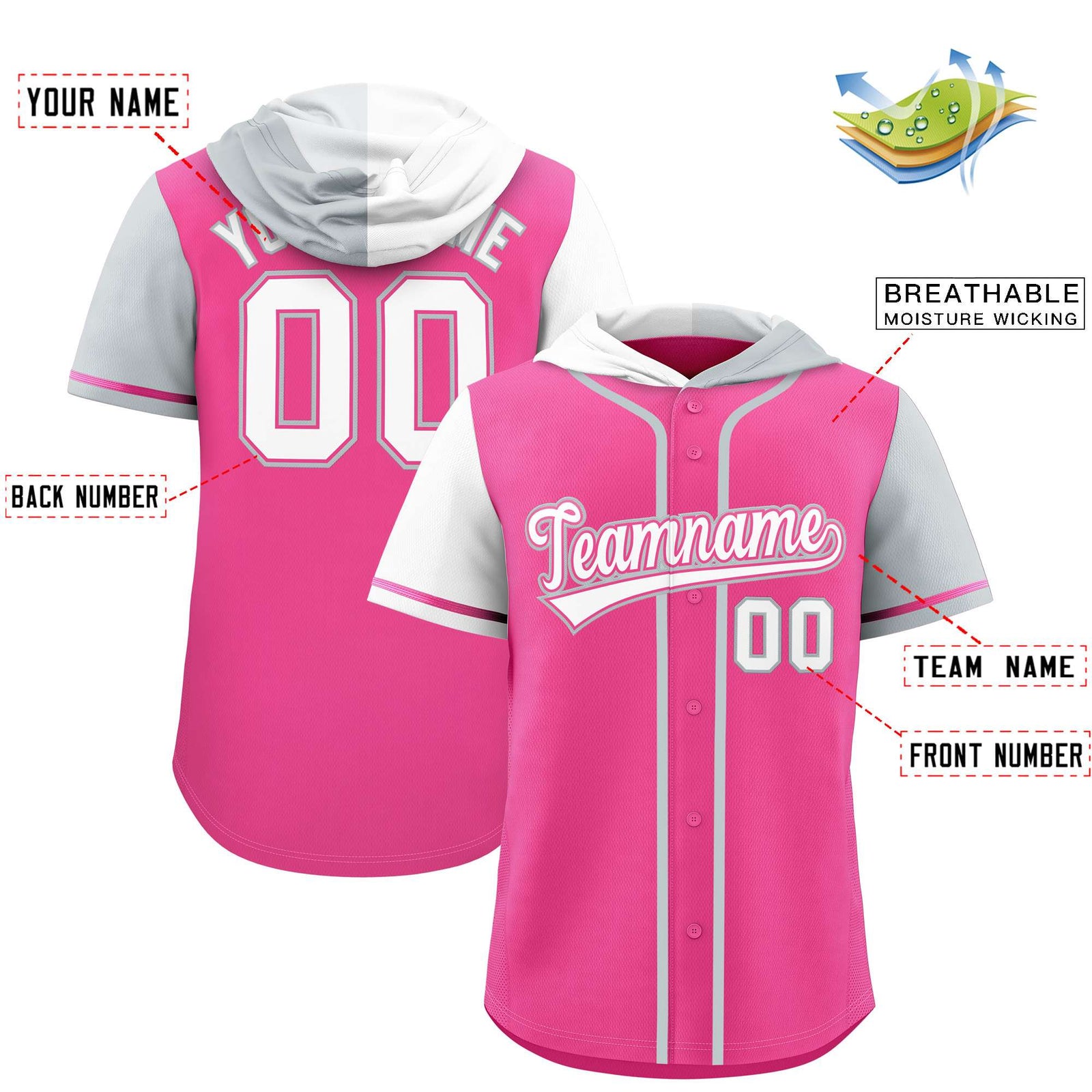 Custom Pink White and Silver Split Fashion Raglan Sleeves Authentic Baseball Hoodie Jersey