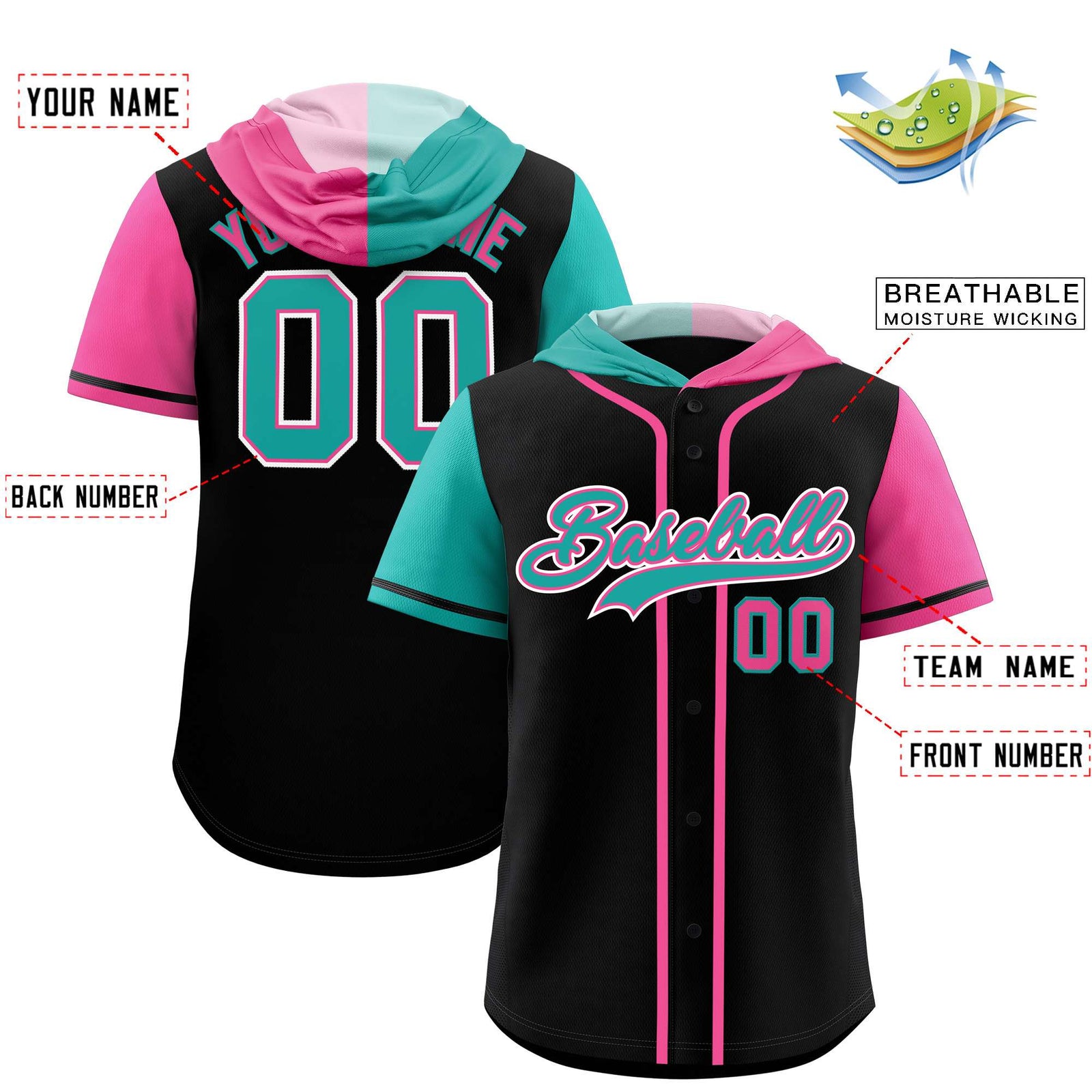 Custom Black Aqua and Pink Split Fashion Raglan Sleeves Authentic Baseball Hoodie Jersey