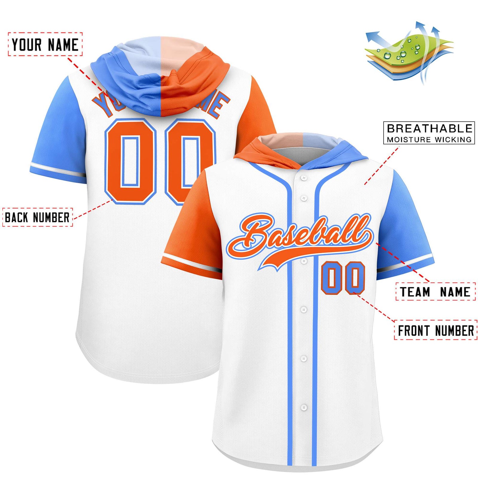 Custom White Orange and Powder Blue Split Fashion Raglan Sleeves Authentic Baseball Hoodie Jersey