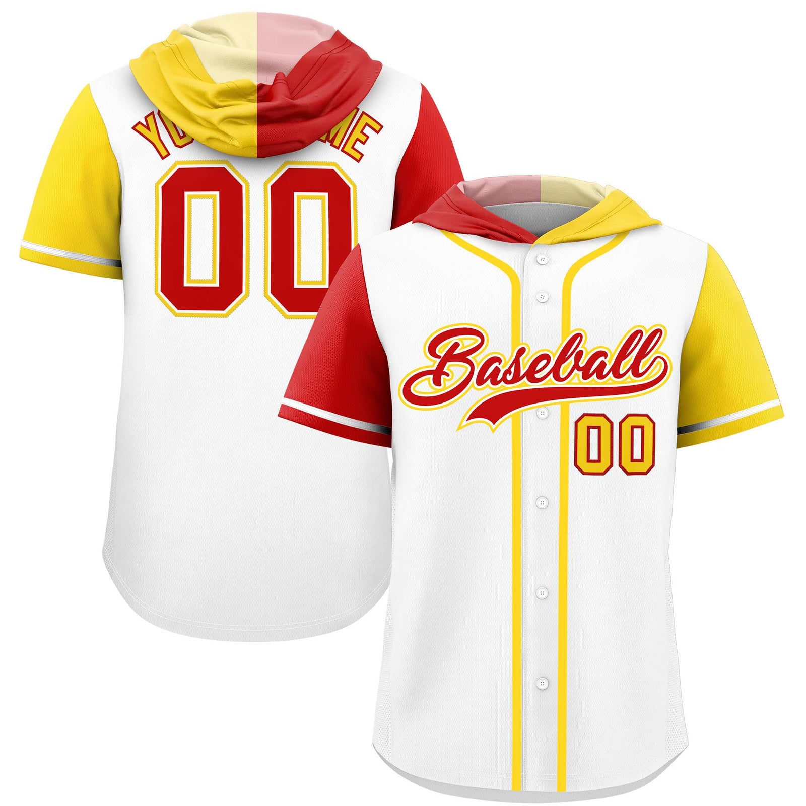 Custom White Red and Gold Split Fashion Raglan Sleeves Authentic Baseball Hoodie Jersey