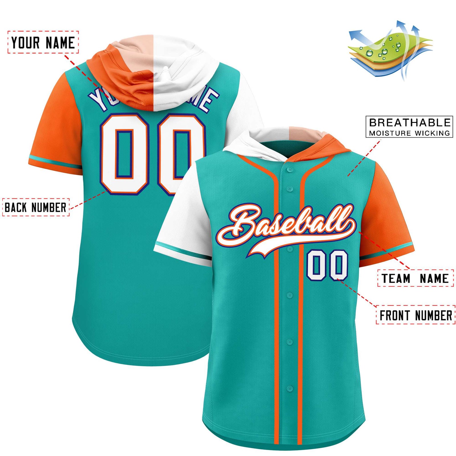 Custom Aqua White and Orange Split Fashion Raglan Sleeves Authentic Baseball Hoodie Jersey