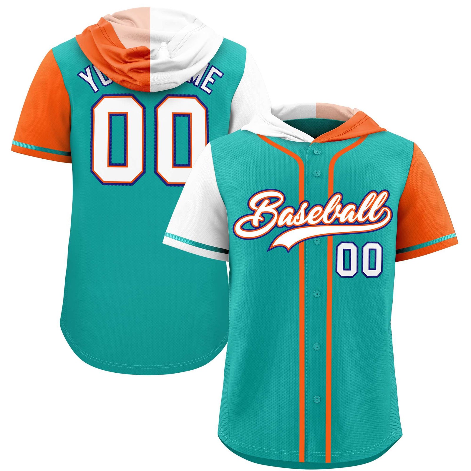 Custom Aqua White and Orange Split Fashion Raglan Sleeves Authentic Baseball Hoodie Jersey