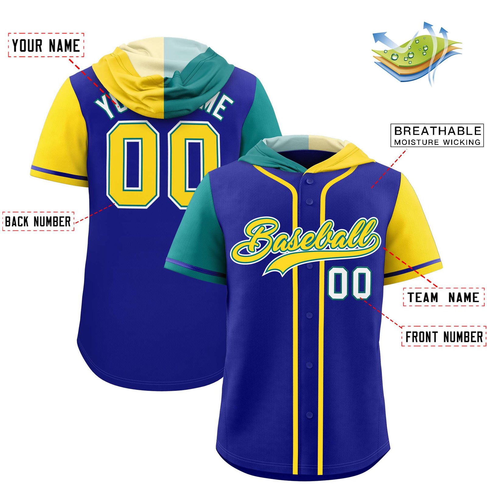 Custom Royal Aqua and Gold Split Fashion Raglan Sleeves Authentic Baseball Hoodie Jersey