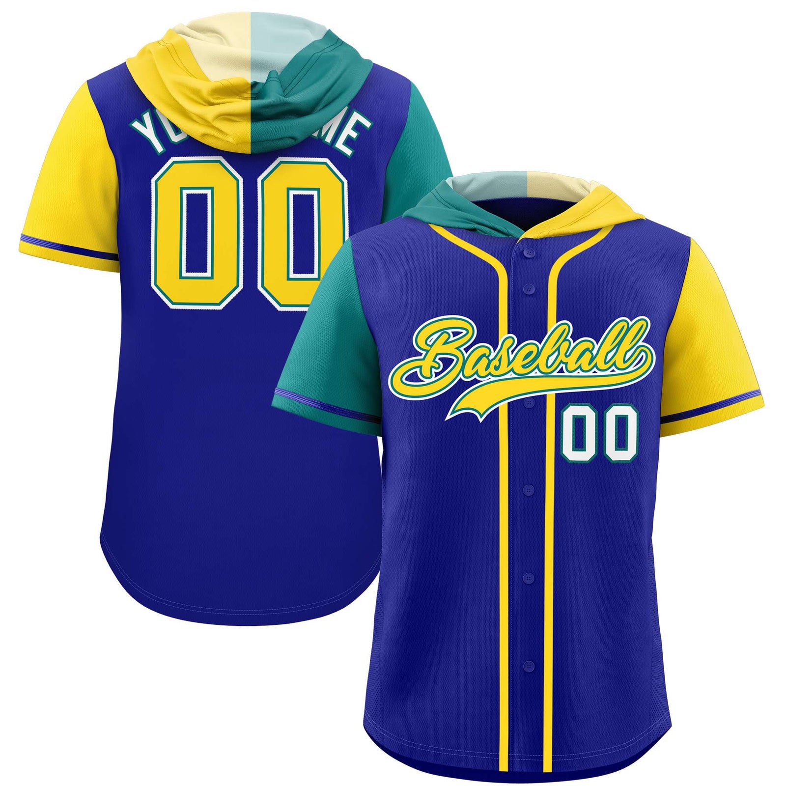 Custom Royal Aqua and Gold Split Fashion Raglan Sleeves Authentic Baseball Hoodie Jersey