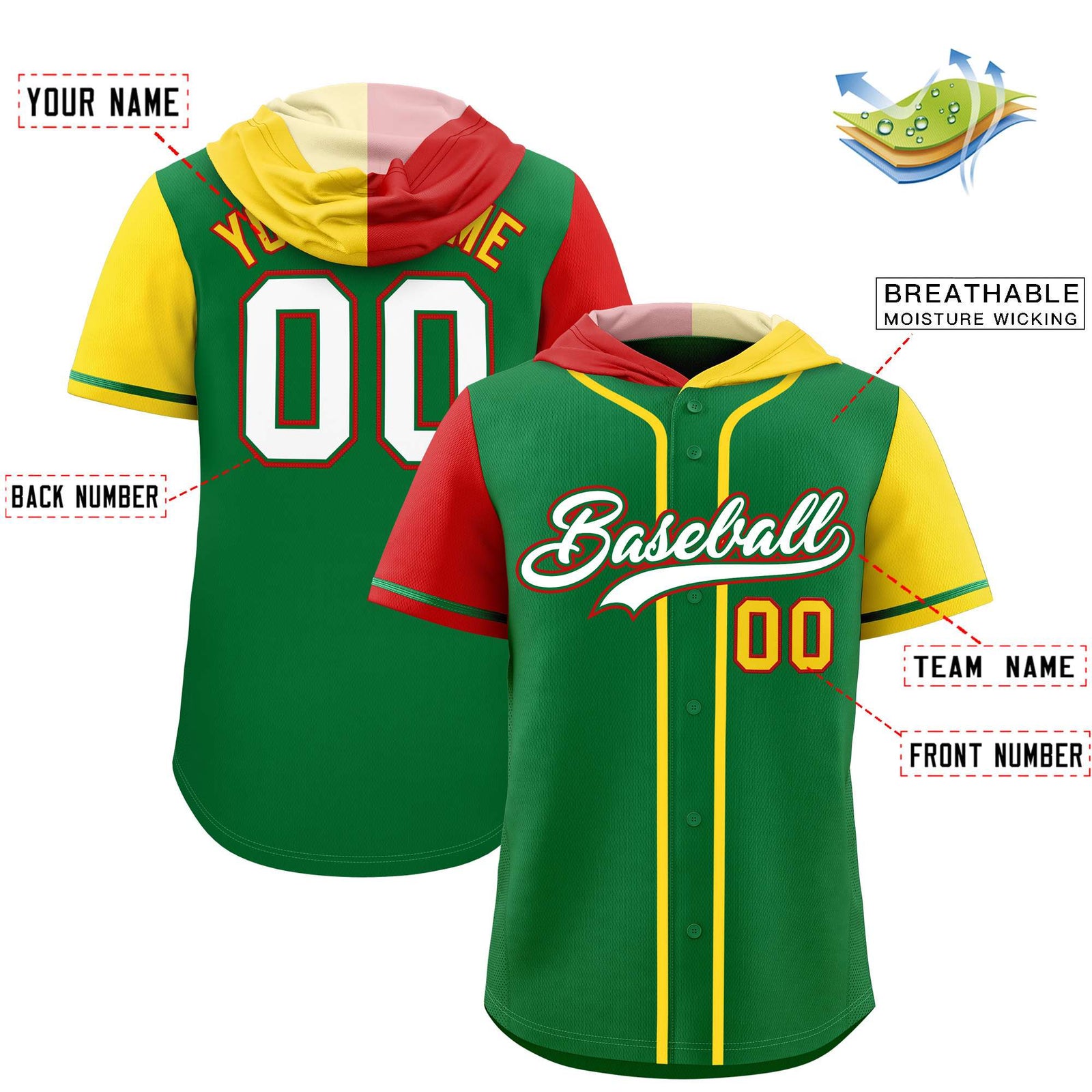 Custom Kelly Green Red and Gold Split Fashion Raglan Sleeves Authentic Baseball Hoodie Jersey