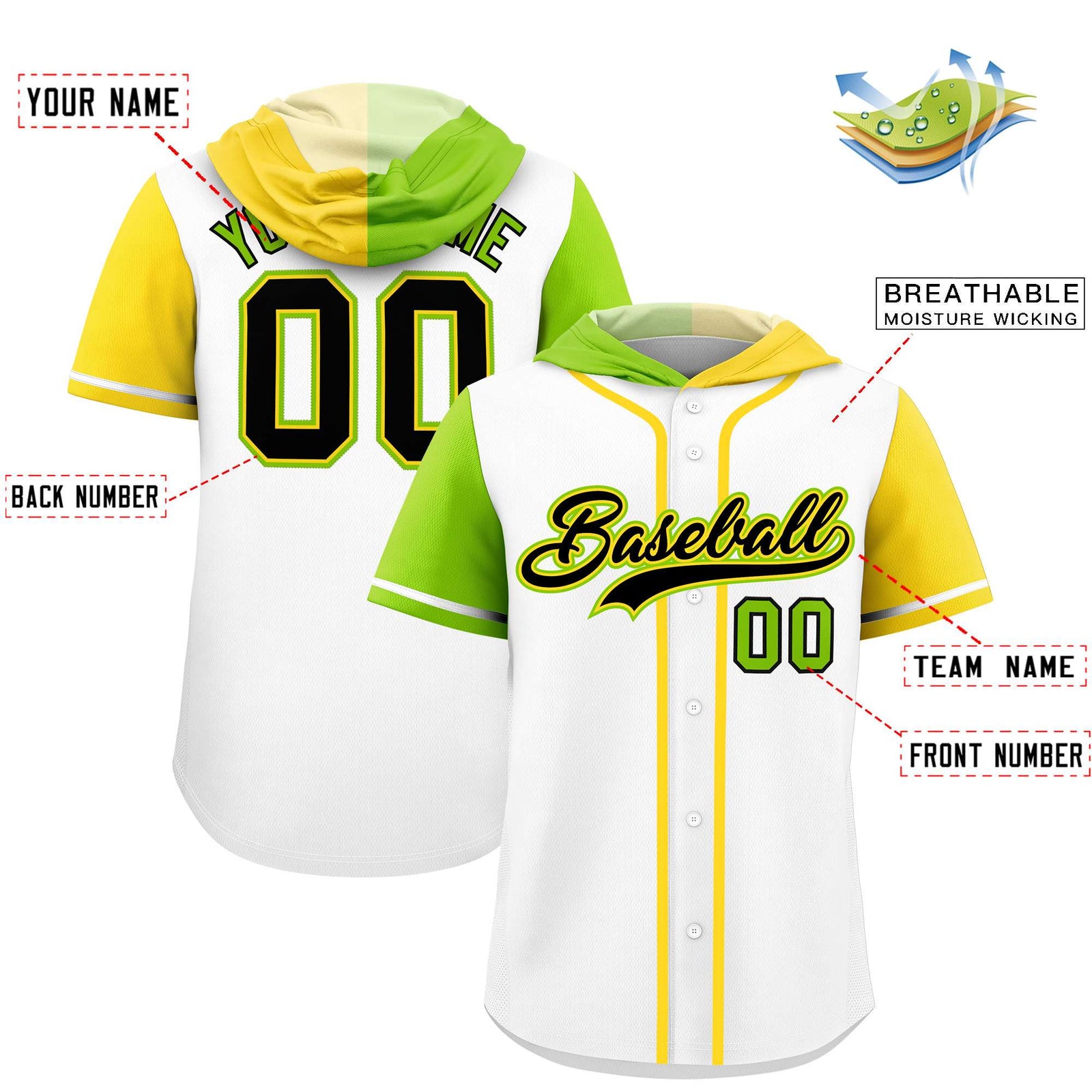 Custom White Neon Green and Gold Split Fashion Raglan Sleeves Authentic Baseball Hoodie Jersey