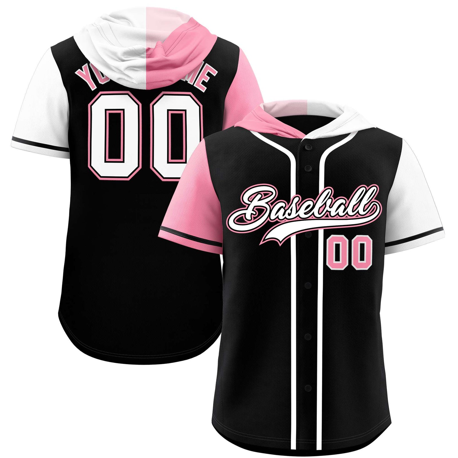 Custom Black Light Pink and White Split Fashion Raglan Sleeves Authentic Baseball Hoodie Jersey