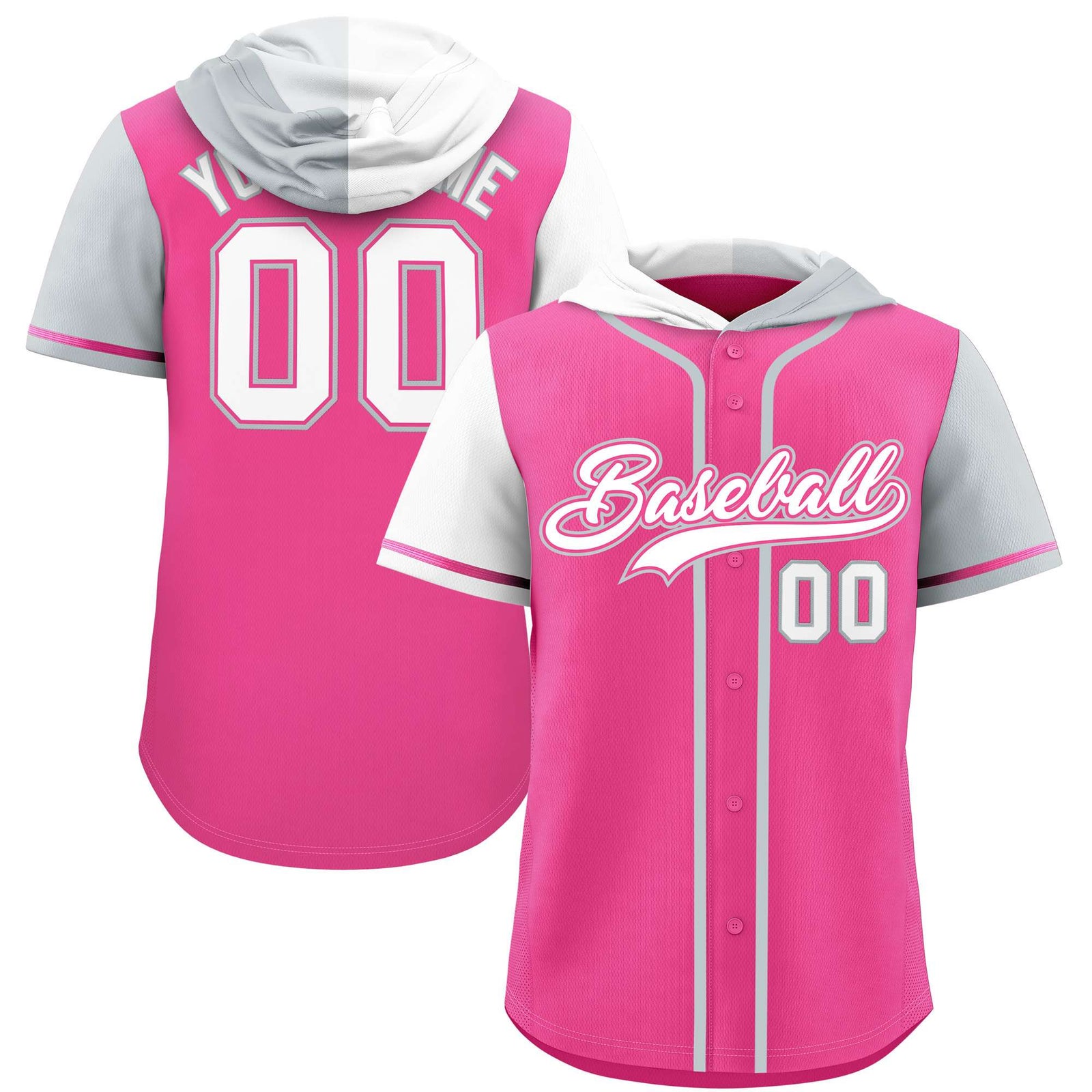 Custom Pink White and Silver Split Fashion Raglan Sleeves Authentic Baseball Hoodie Jersey