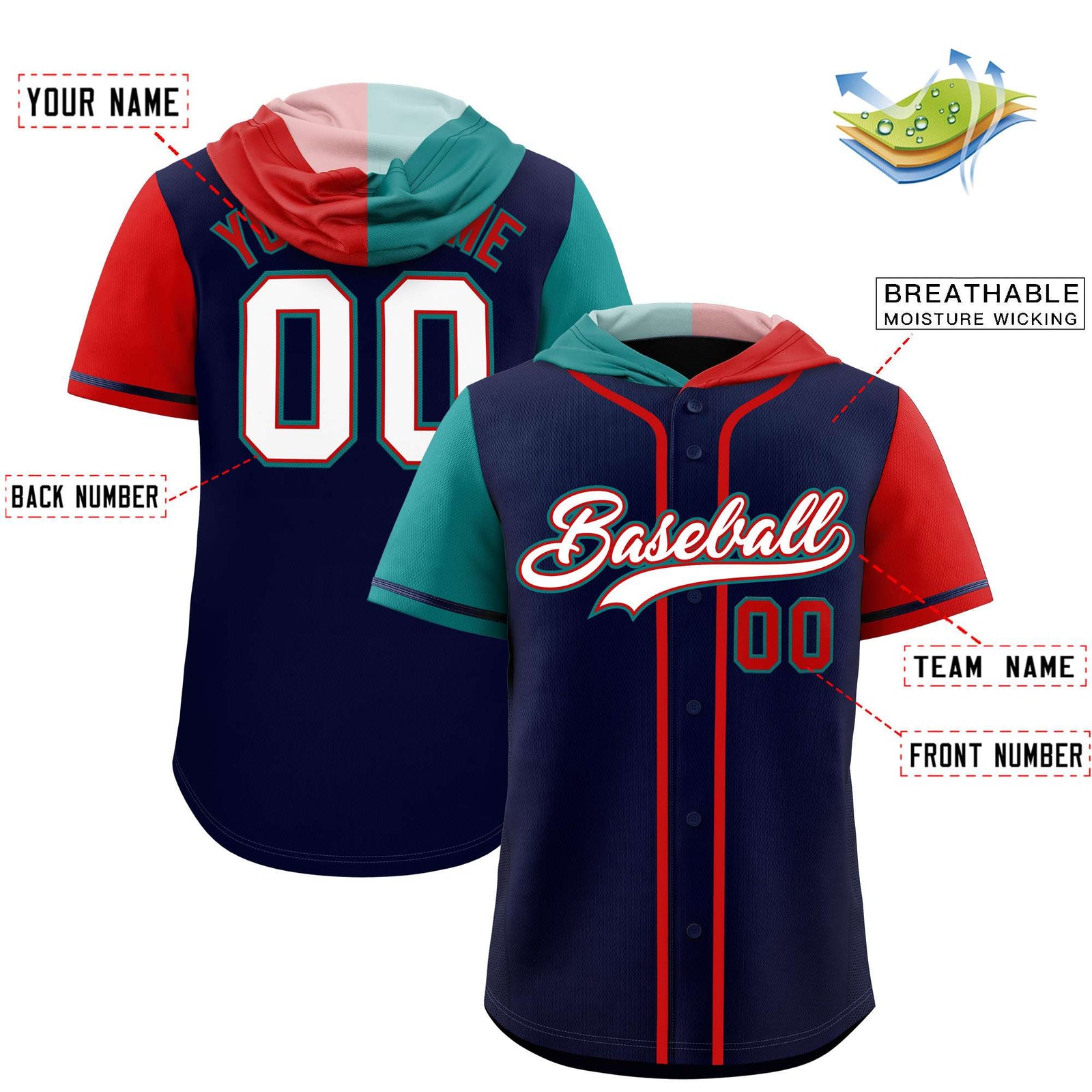 Custom Navy Aqua and Red Split Fashion Raglan Sleeves Authentic Baseball Hoodie Jersey