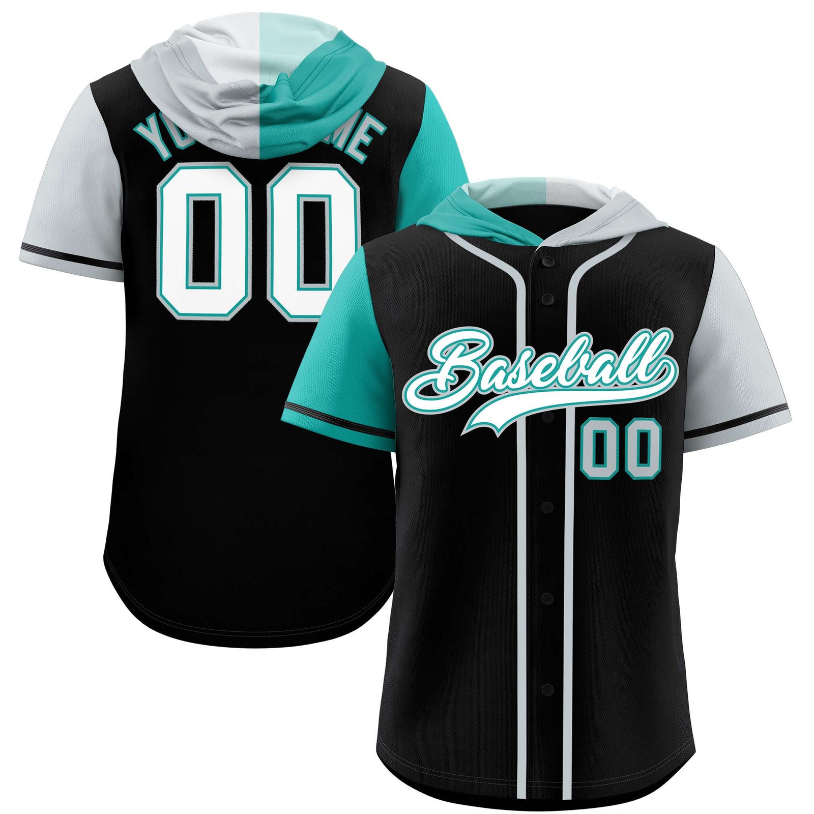 Custom Black Aqua and Silver Split Fashion Raglan Sleeves Authentic Baseball Hoodie Jersey