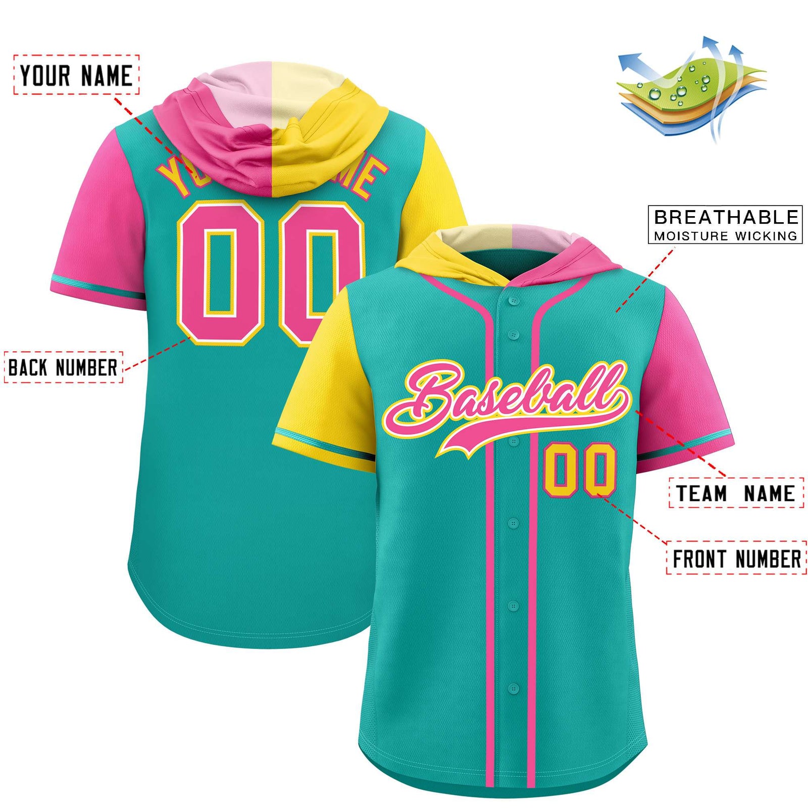 Custom Aqua Gold and Pink Split Fashion Raglan Sleeves Authentic Baseball Hoodie Jersey