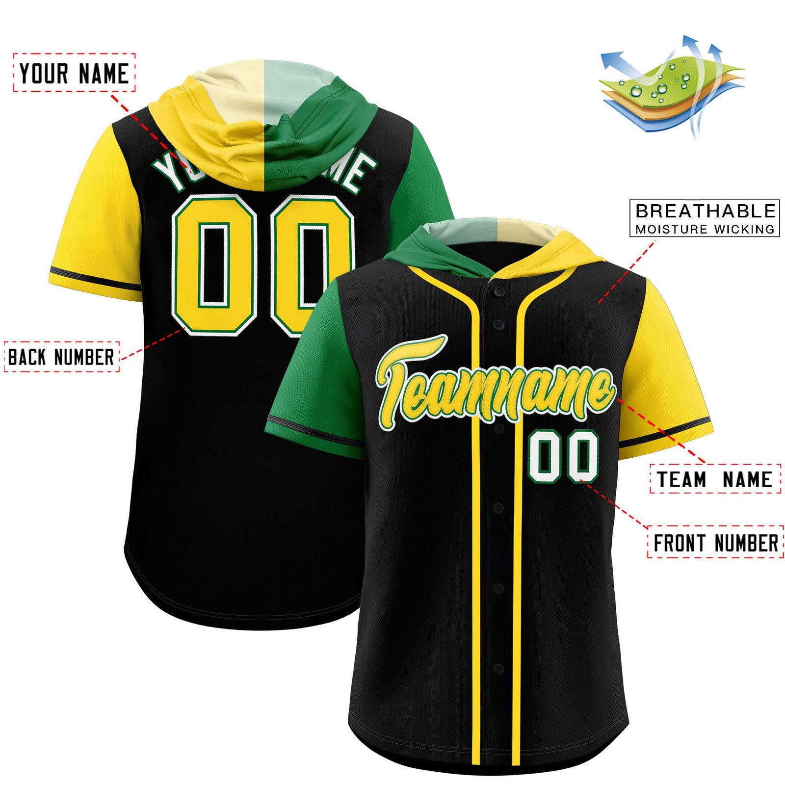 Custom Black Kelly Green and Gold Split Fashion Raglan Sleeves Authentic Baseball Hoodie Jersey