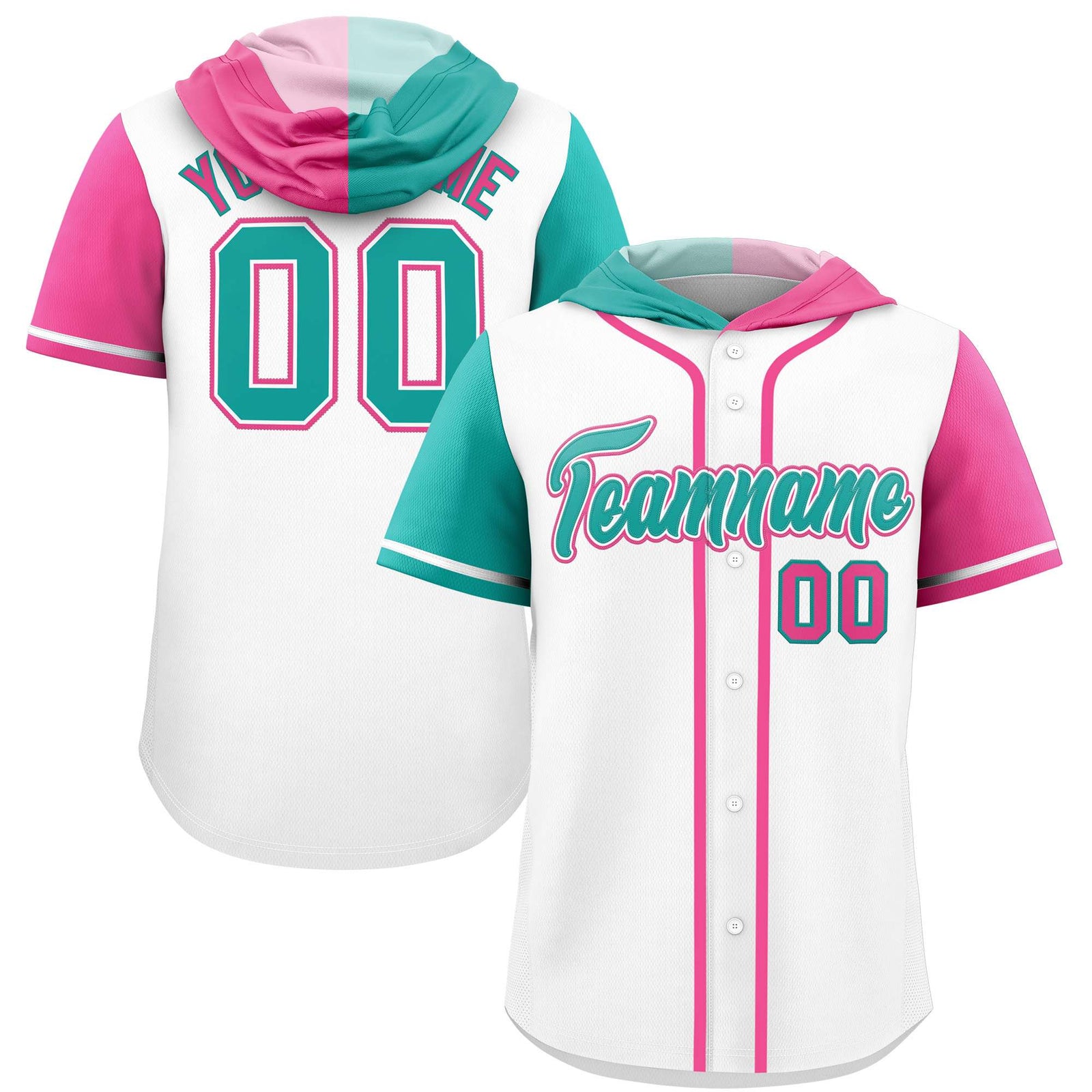 Custom White Aqua and Pink Split Fashion Raglan Sleeves Authentic Baseball Hoodie Jersey