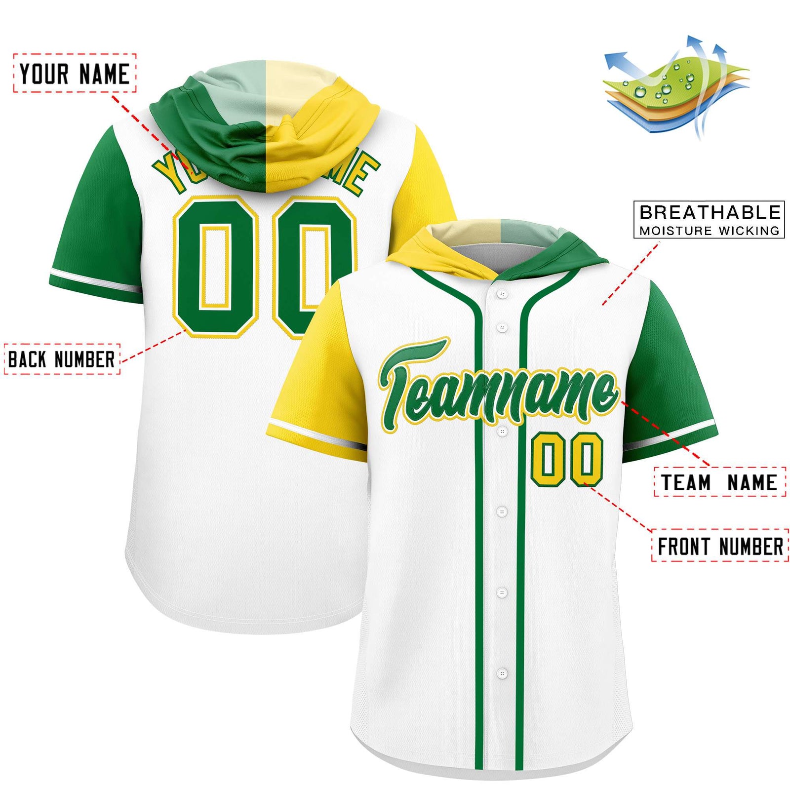 Custom White Gold and Kelly Green Split Fashion Raglan Sleeves Authentic Baseball Hoodie Jersey