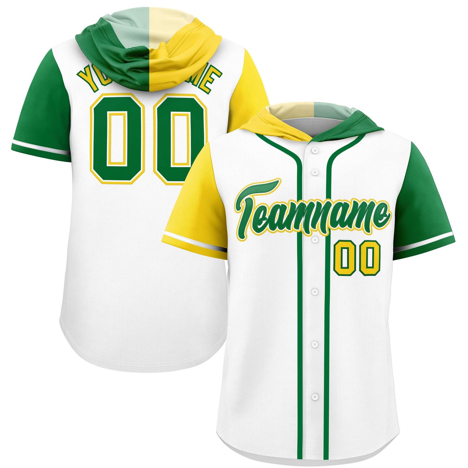 Custom White Gold and Kelly Green Split Fashion Raglan Sleeves Authentic Baseball Hoodie Jersey