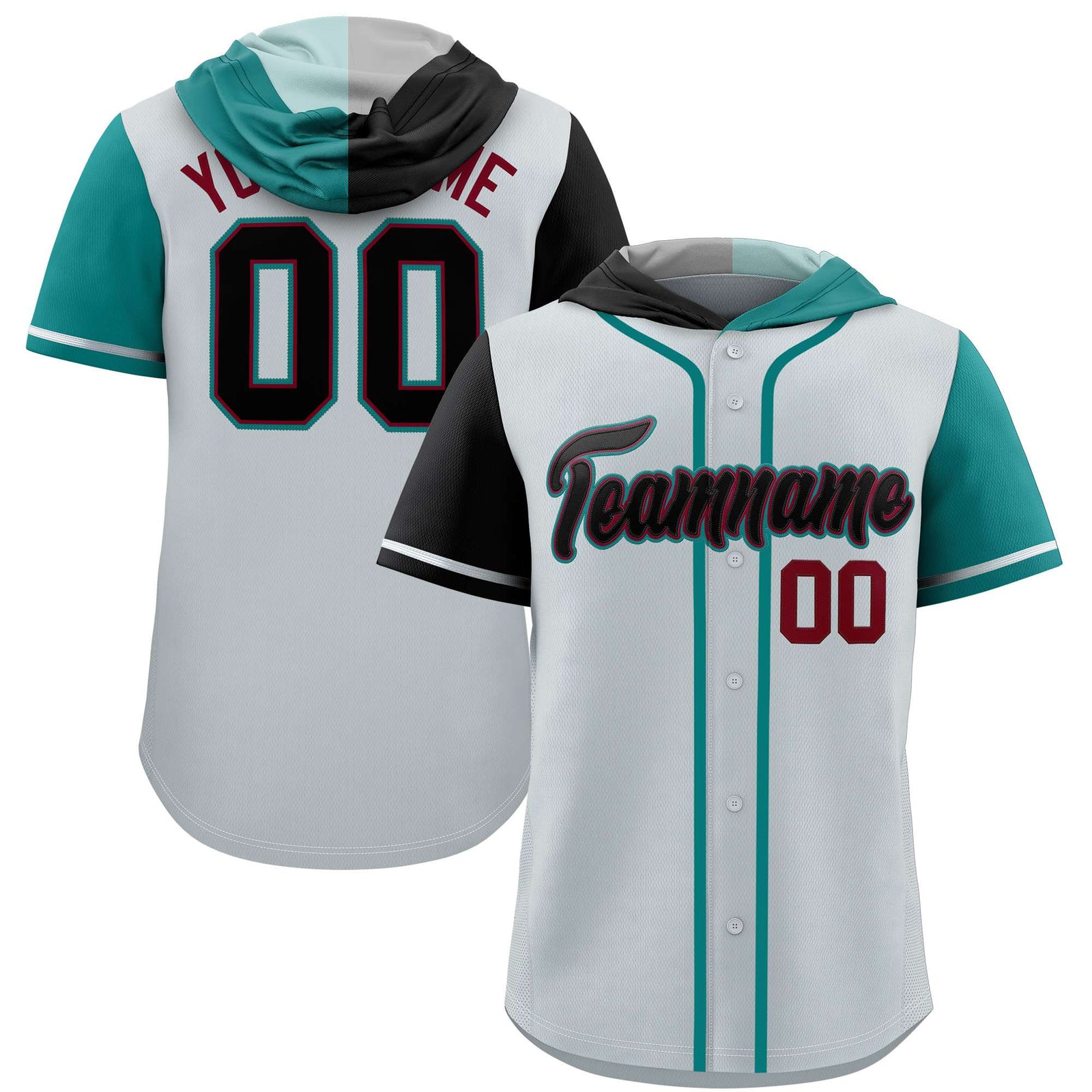 Custom Silver Black and Aqua Split Fashion Raglan Sleeves Authentic Baseball Hoodie Jersey