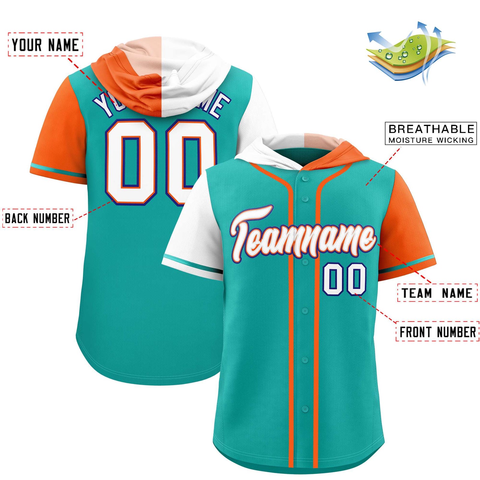 Custom Aqua White and Orange Split Fashion Raglan Sleeves Authentic Baseball Hoodie Jersey
