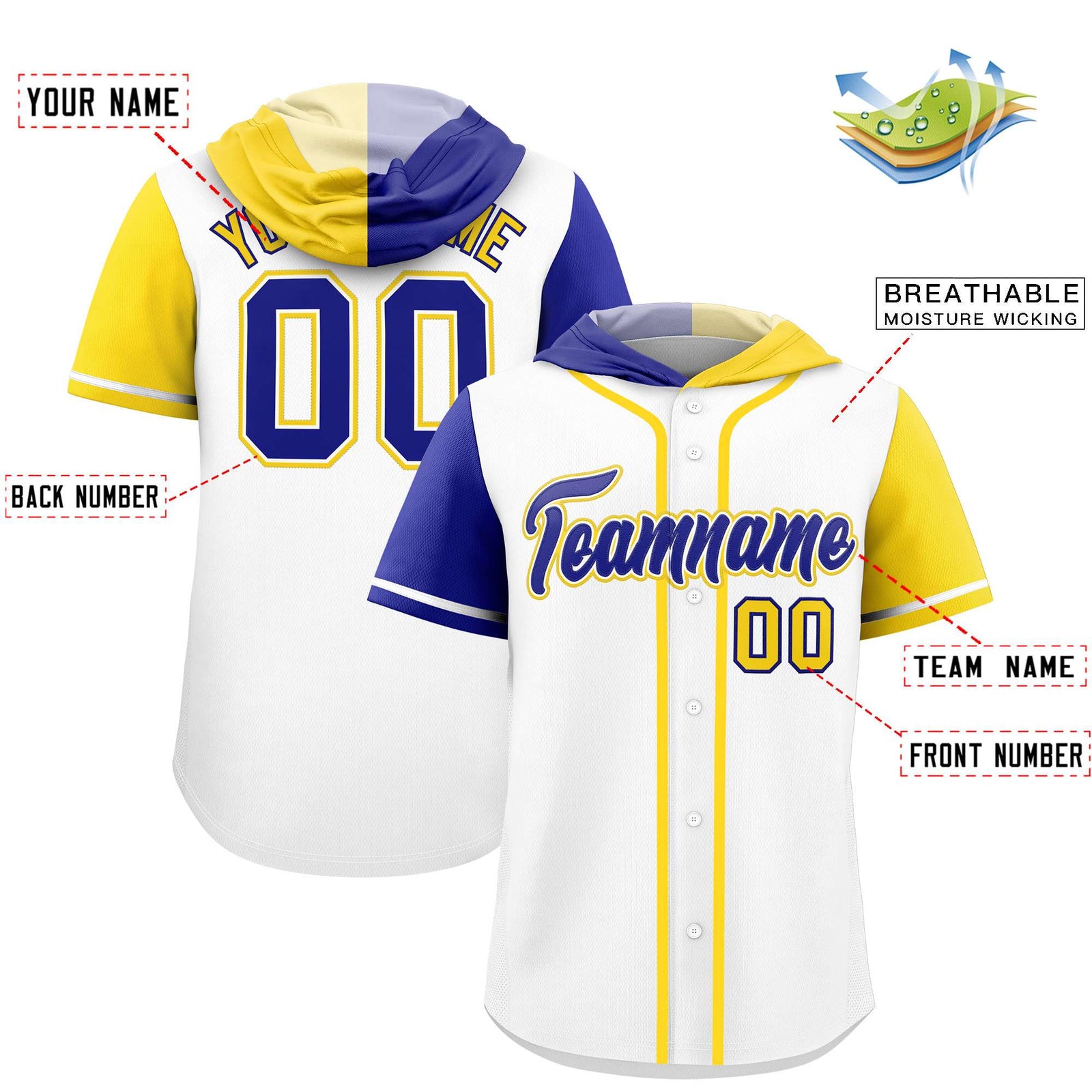 Custom White Royal and Gold Split Fashion Raglan Sleeves Authentic Baseball Hoodie Jersey