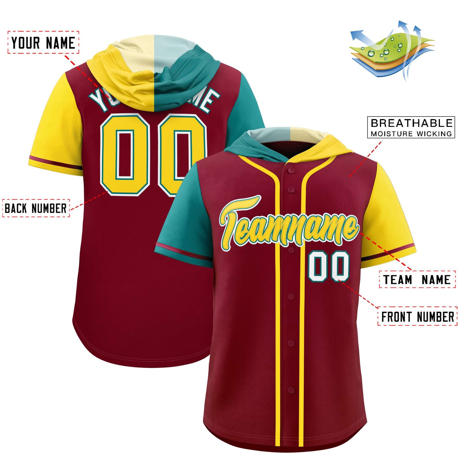 Custom Crimson Aqua and Gold Split Fashion Raglan Sleeves Authentic Baseball Hoodie Jersey