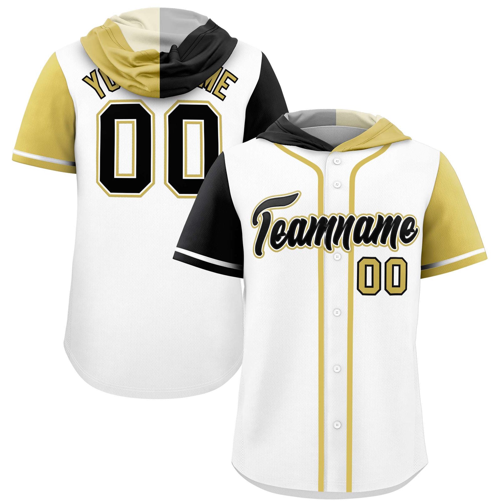 Custom White Black and Old Gold Split Fashion Raglan Sleeves Authentic Baseball Hoodie Jersey