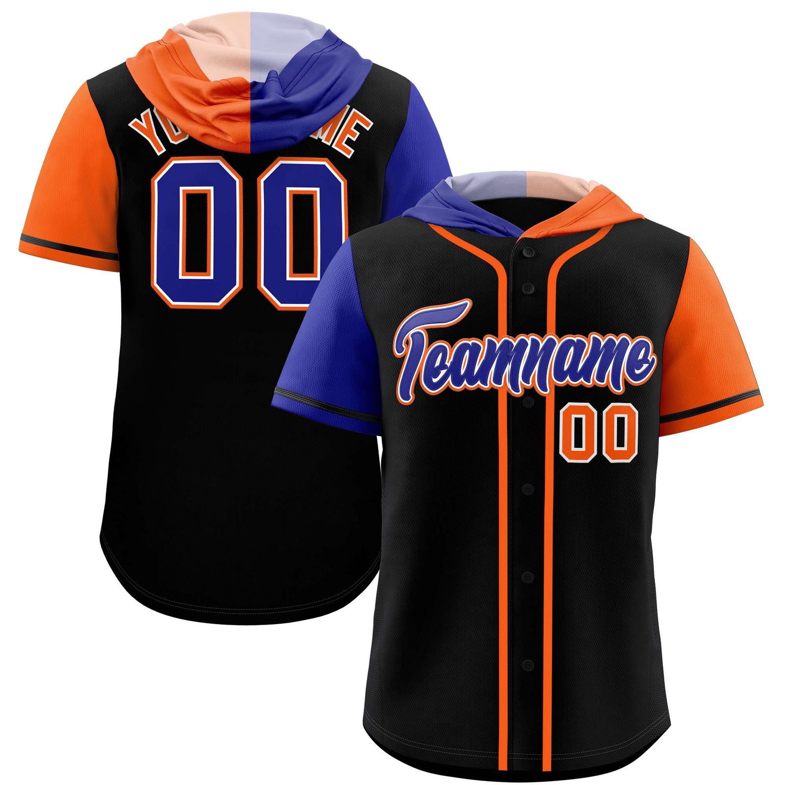 Custom Black Royal and Orange Split Fashion Raglan Sleeves Authentic Baseball Hoodie Jersey