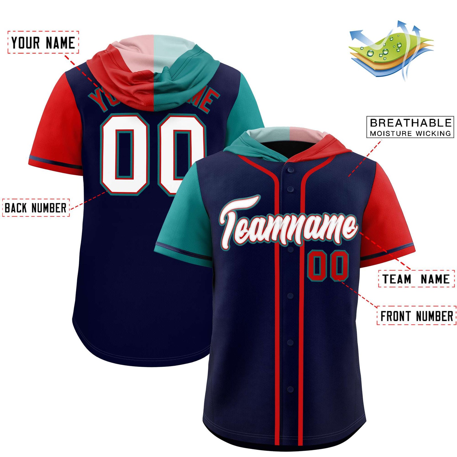 Custom Navy Aqua and Red Split Fashion Raglan Sleeves Authentic Baseball Hoodie Jersey