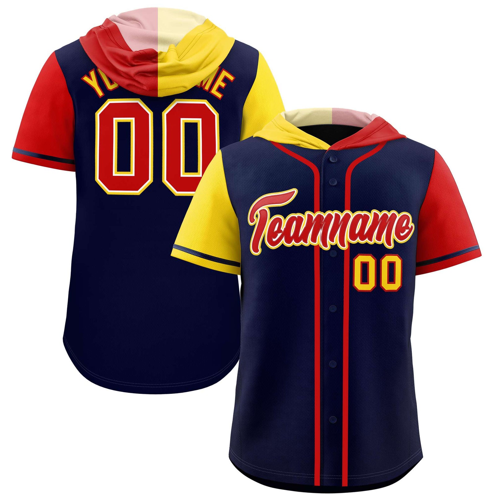Custom Navy Gold and Red Split Fashion Raglan Sleeves Authentic Baseball Hoodie Jersey