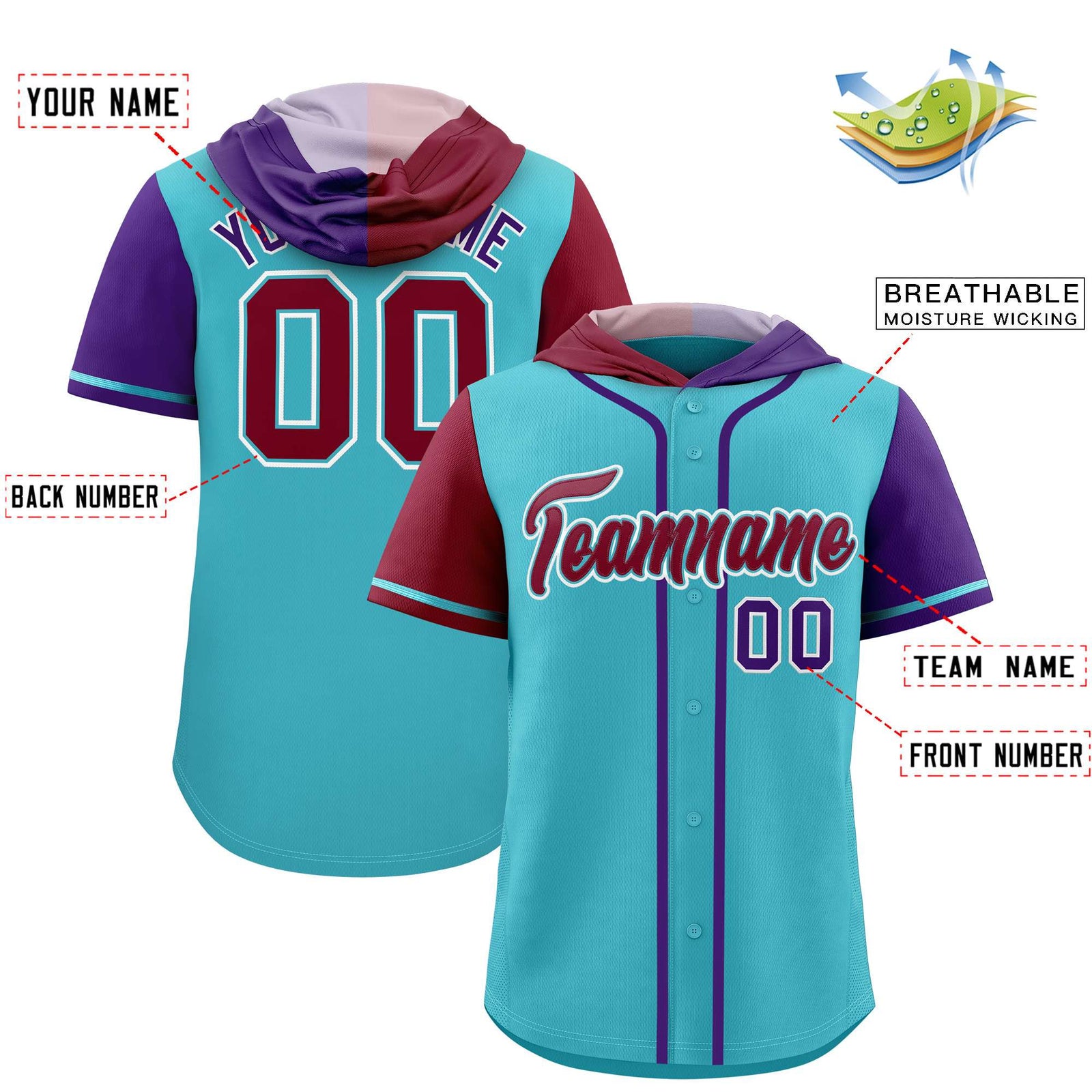 Custom Sky Blue Crimson and Purple Split Fashion Raglan Sleeves Authentic Baseball Hoodie Jersey