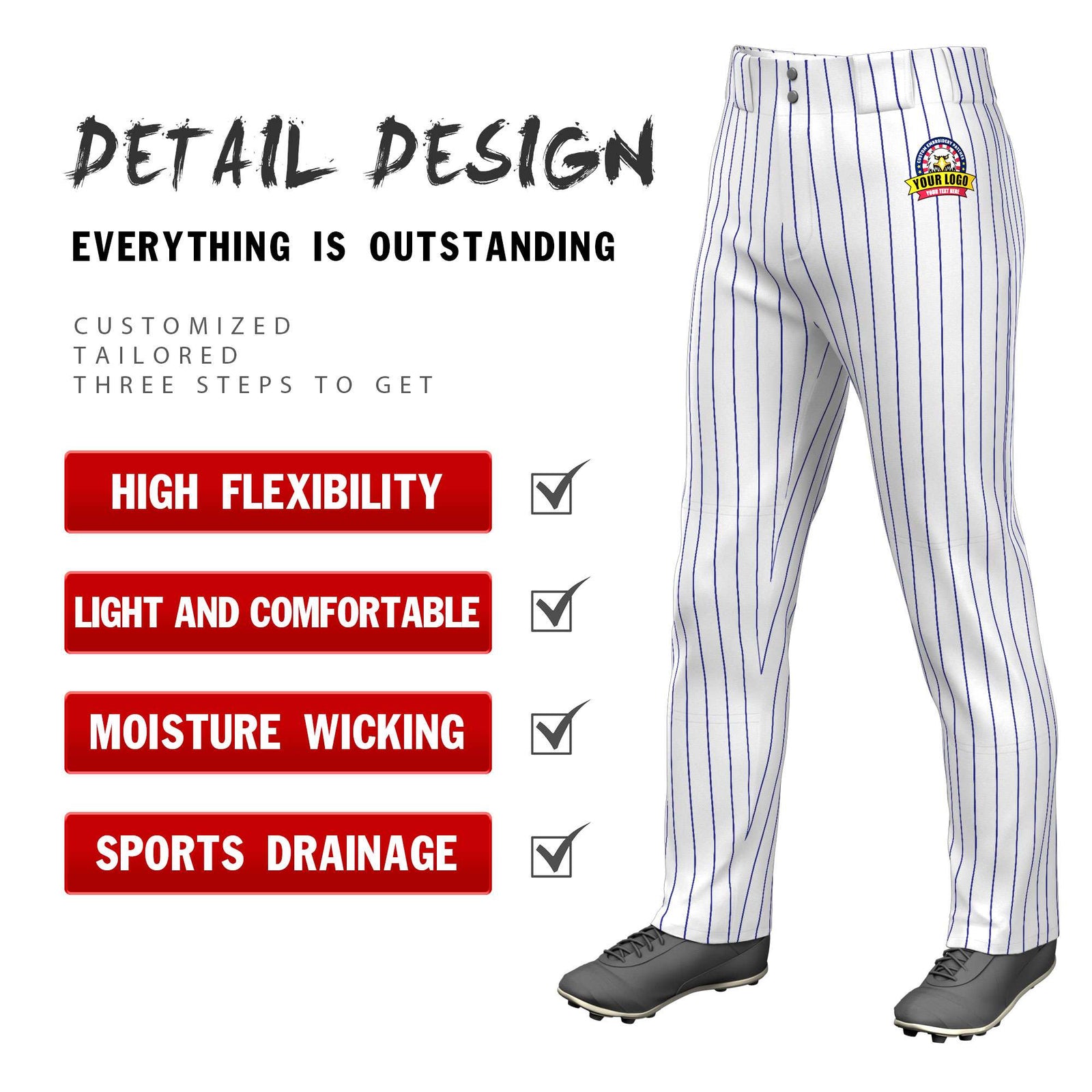 Custom White Royal Pinstripe Fit Stretch Practice Pull Up Baseball Pants
