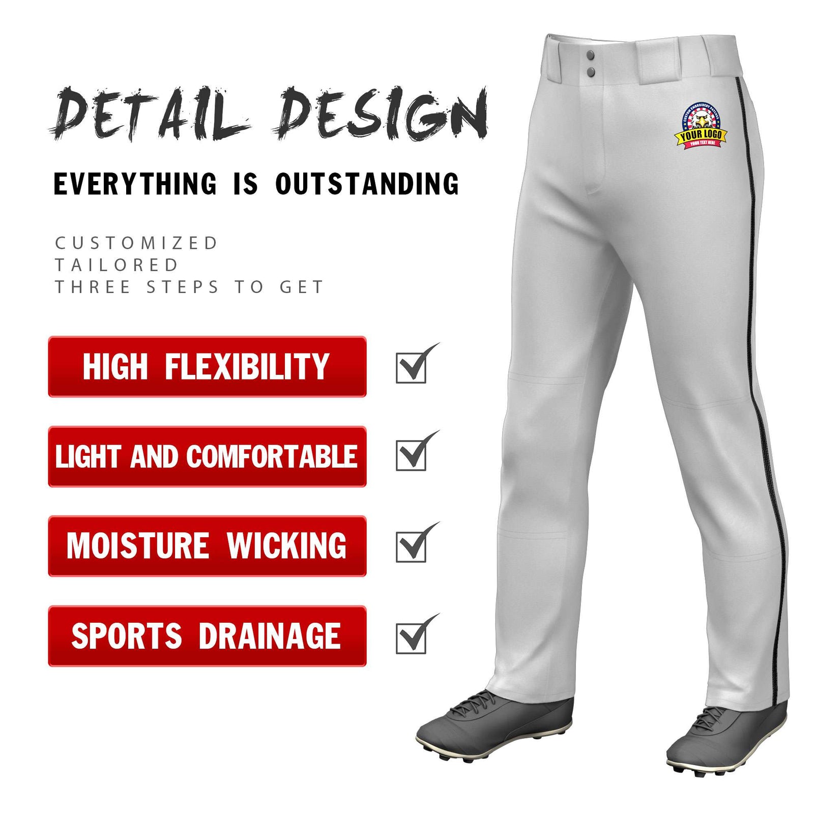 Custom Gray Red Pinstripe Fit Stretch Practice Pull Up Baseball Pants