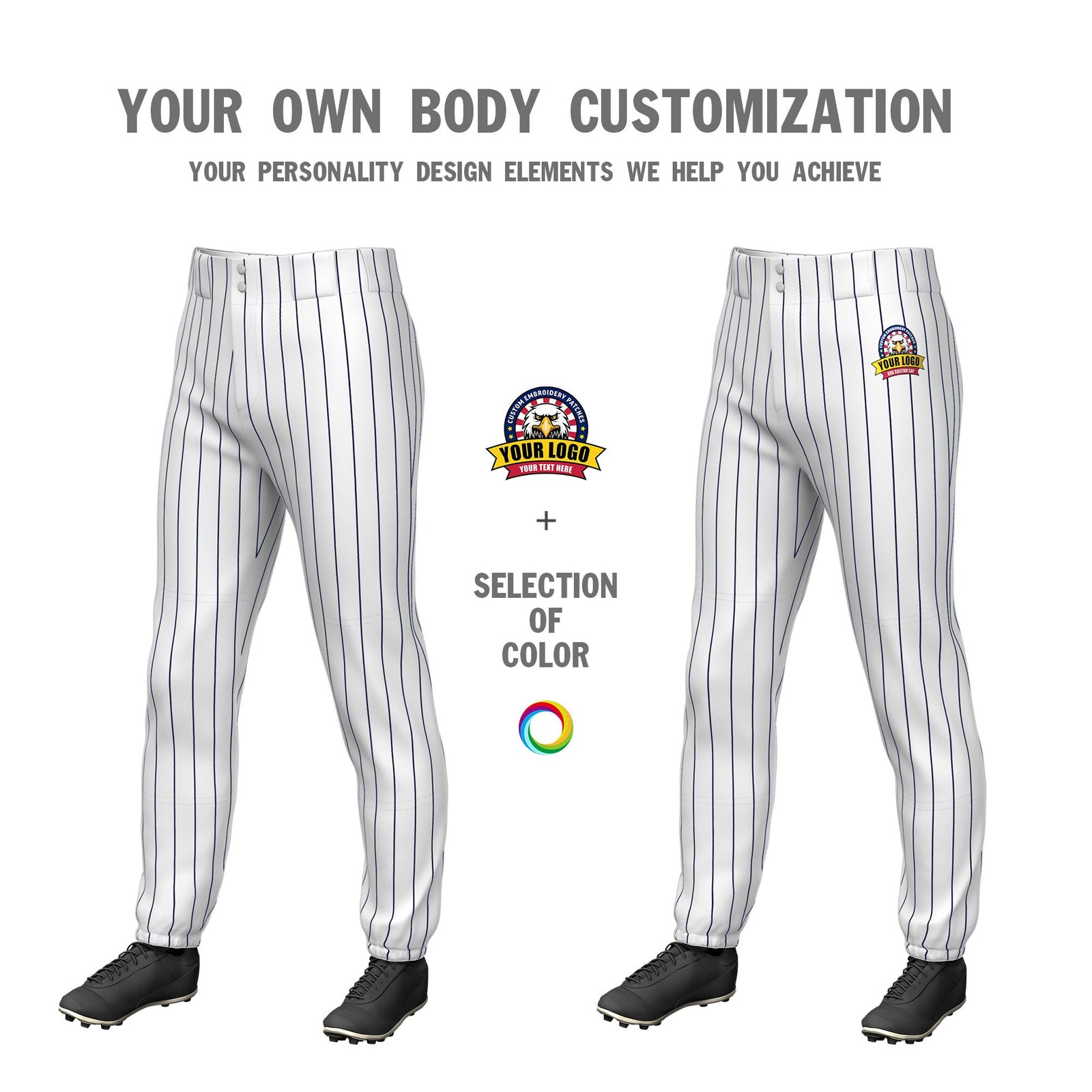 Custom White Navy Pinstripe Fit Stretch Practice Pull Up Baseball Pants