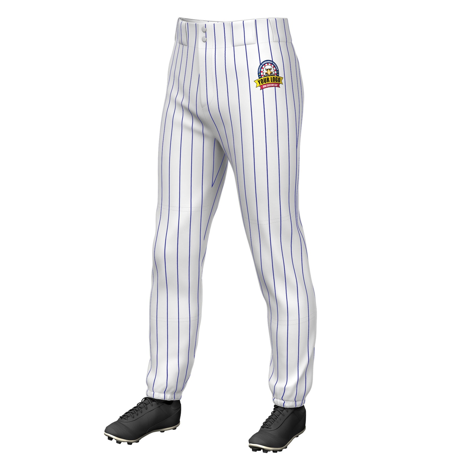 Custom White Royal Pinstripe Fit Stretch Practice Pull Up Baseball Pants