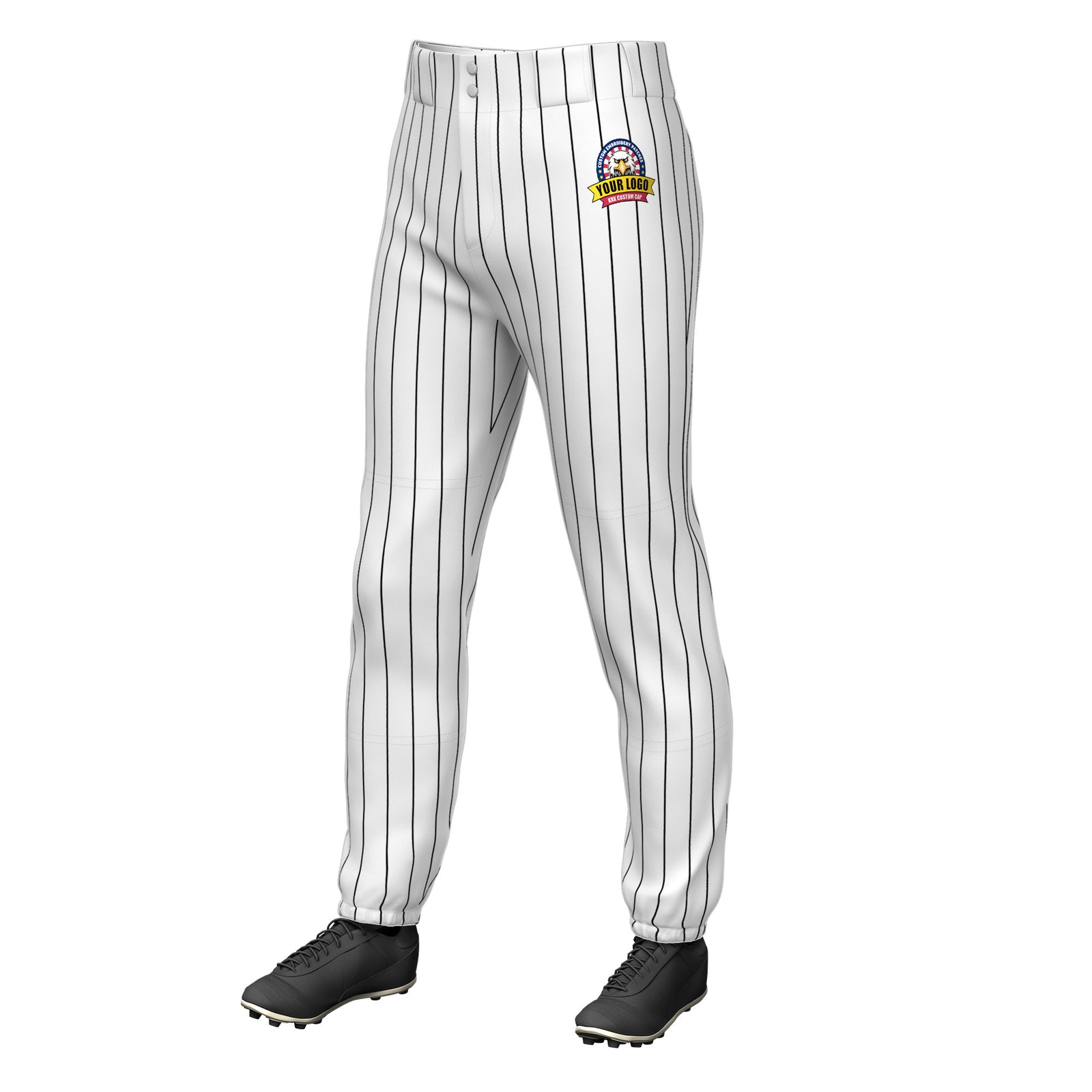 Custom White Black Pinstripe Fit Stretch Practice Pull Up Baseball Pants