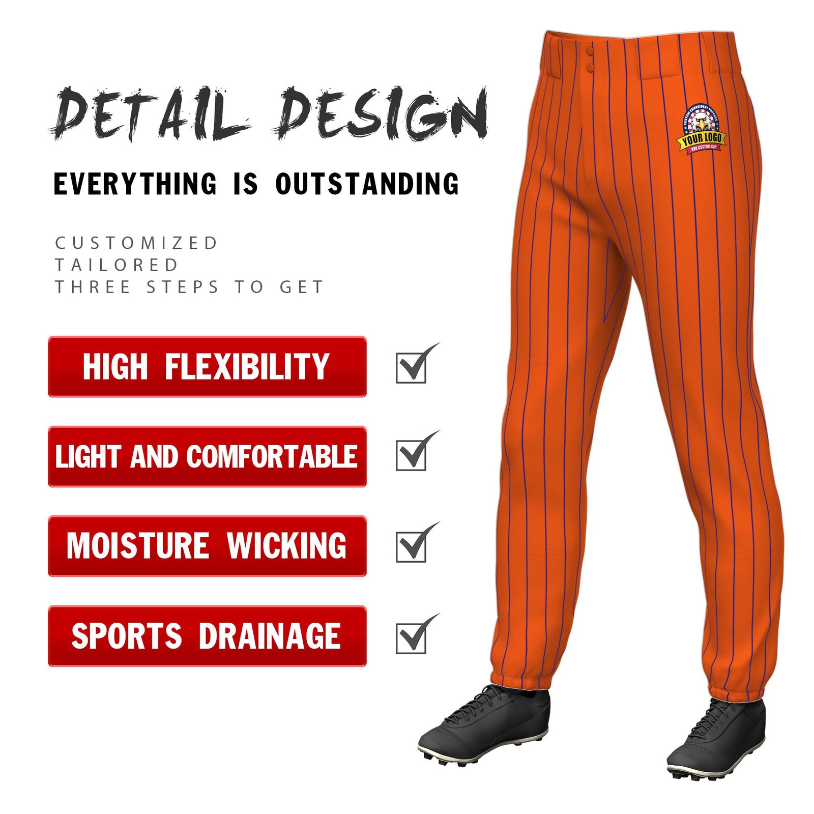 Custom Cadmium Orange Royal Pinstripe Fit Stretch Practice Pull Up Baseball Pants