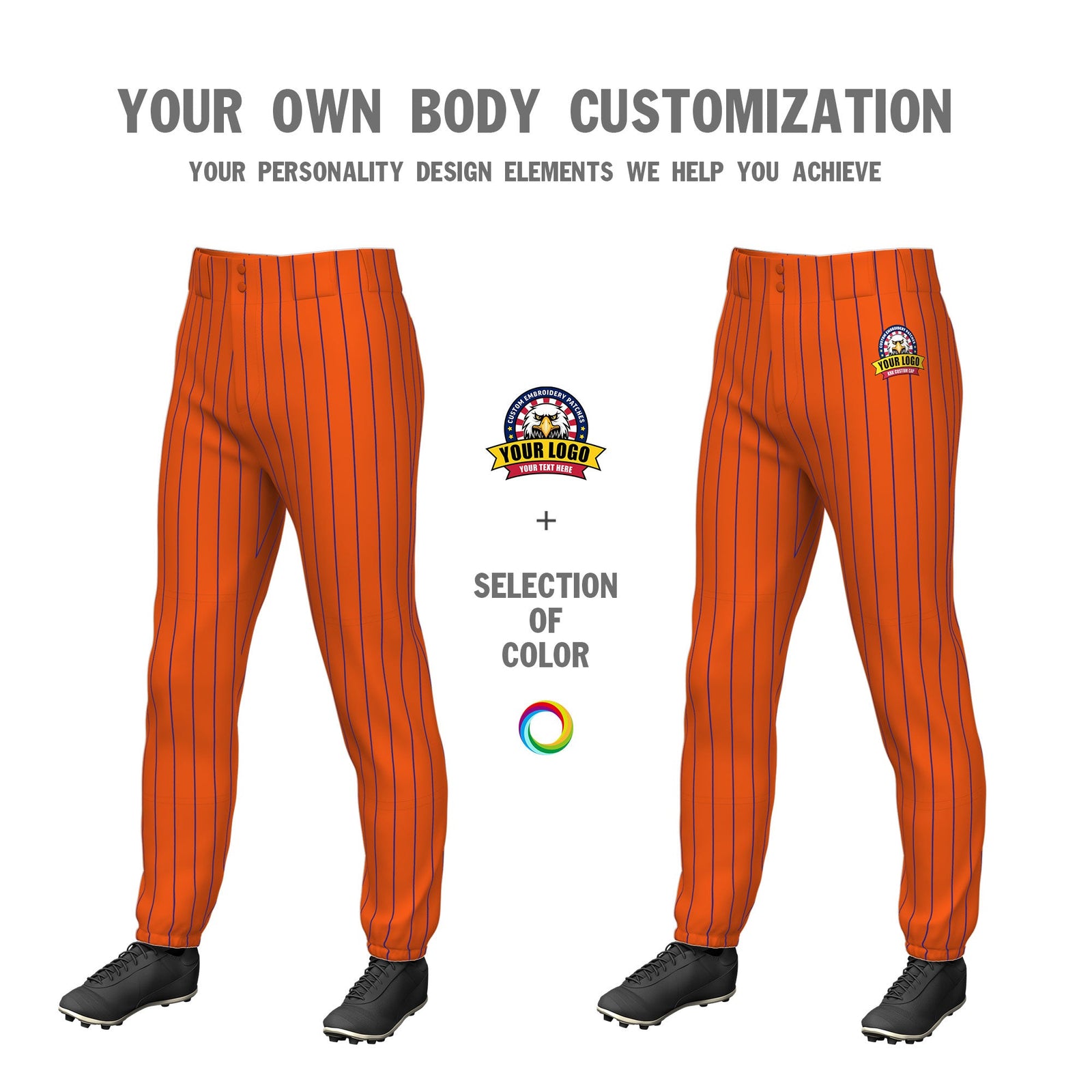 Custom Cadmium Orange Royal Pinstripe Fit Stretch Practice Pull Up Baseball Pants